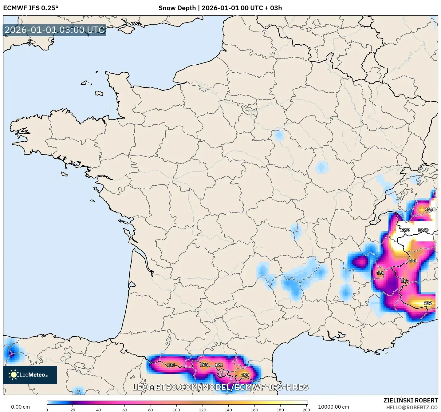 ECMWF IFS 0.25° model - France, Snow Depth