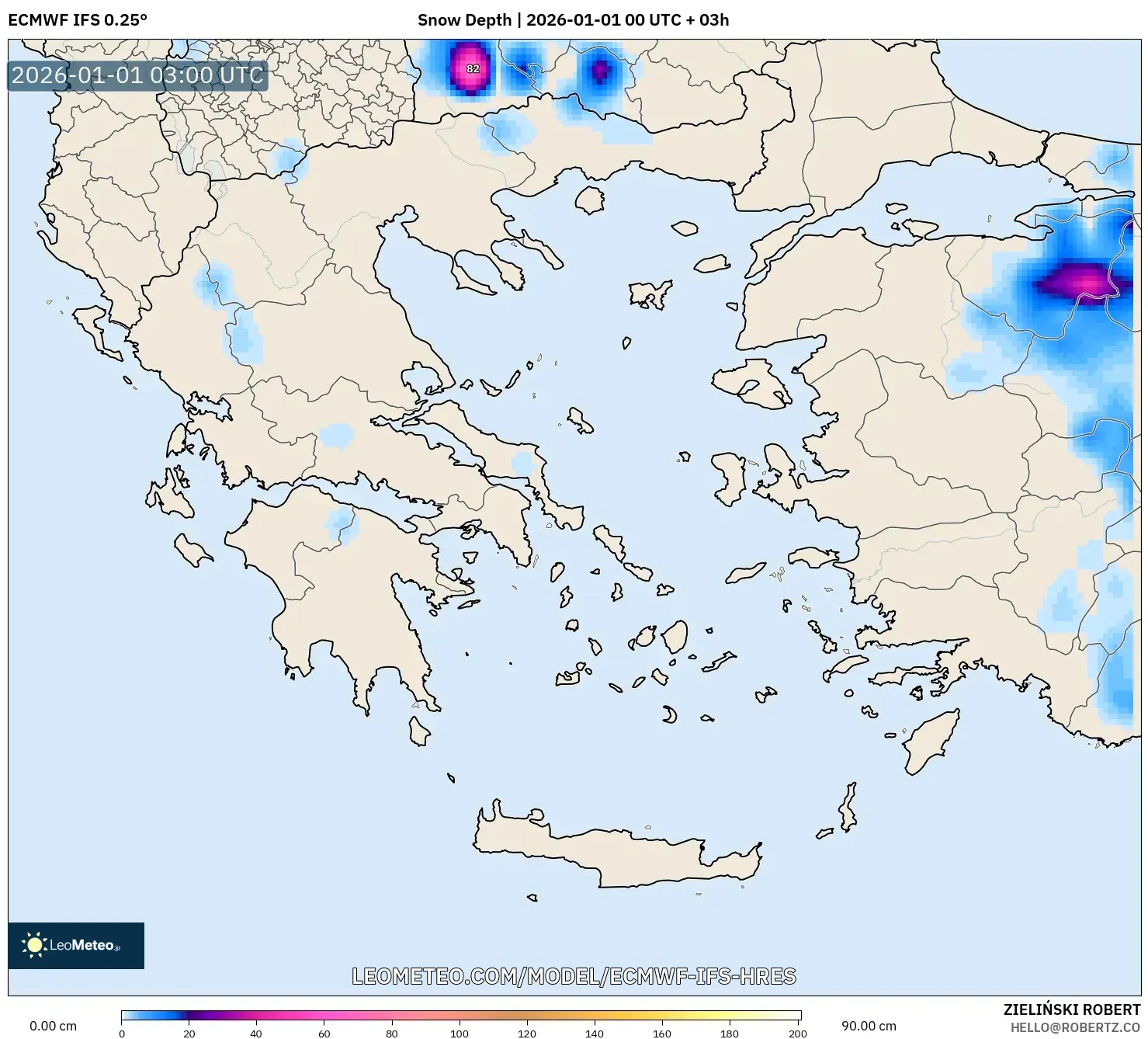 ECMWF IFS 0.25° model - Greece, Snow Depth