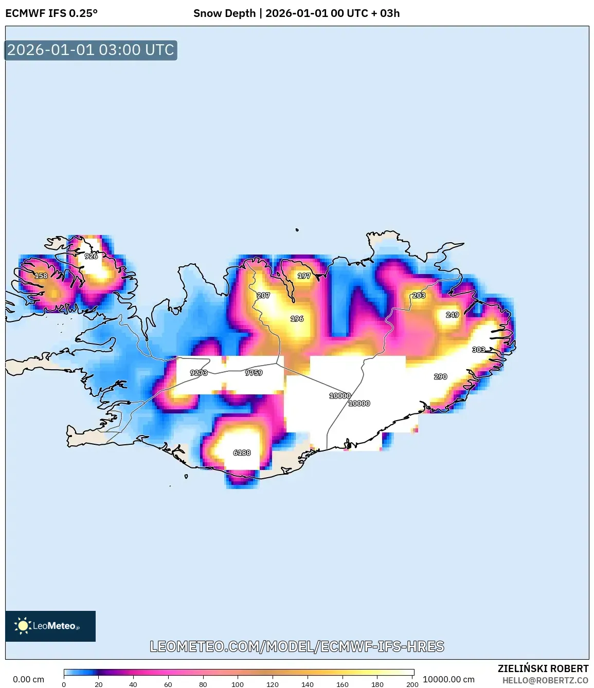 ECMWF IFS 0.25° model - Iceland, Snow Depth