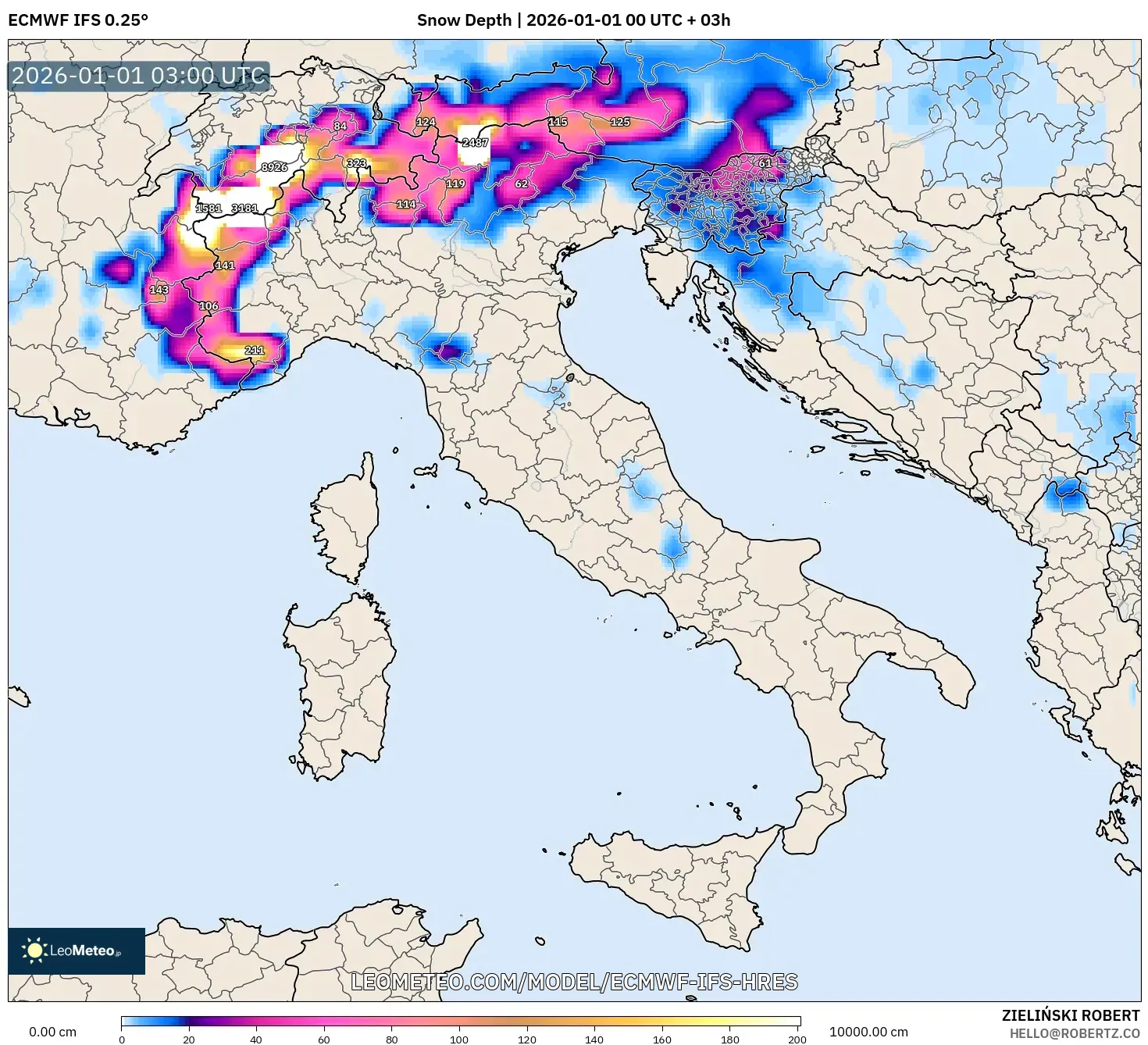 ECMWF IFS 0.25° model - Italy, Snow Depth