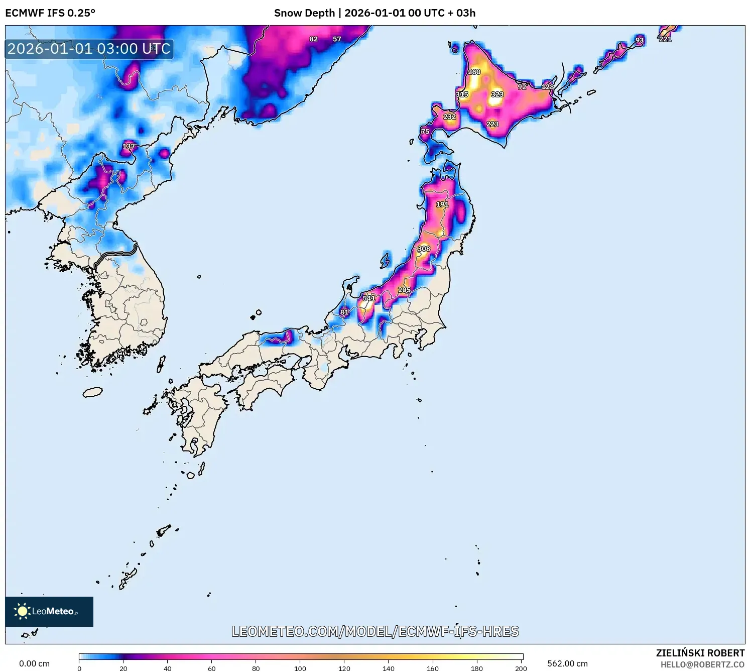 ECMWF IFS 0.25° model - Japan, Snow Depth