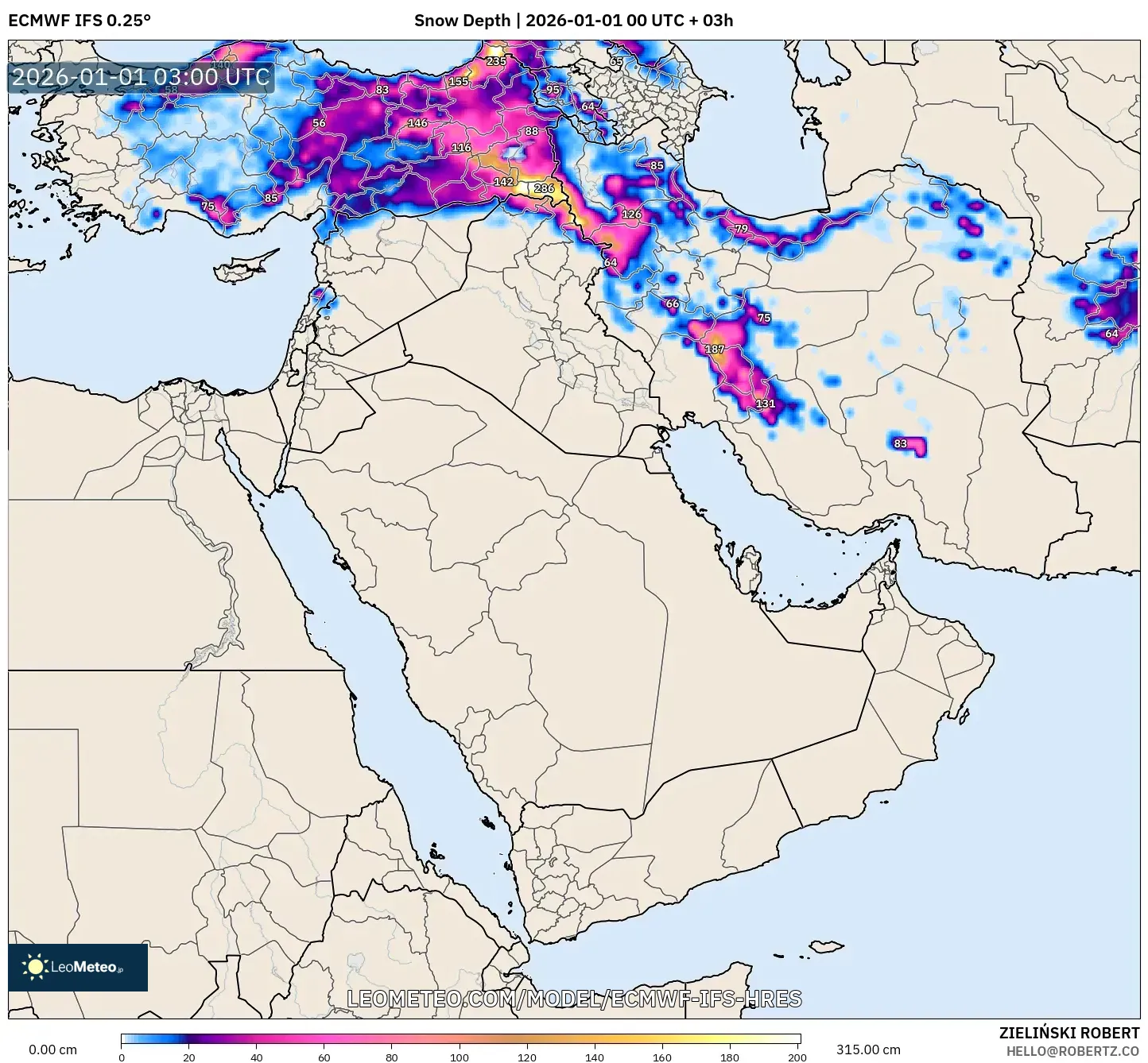ECMWF IFS 0.25° model - Middle East, Snow Depth