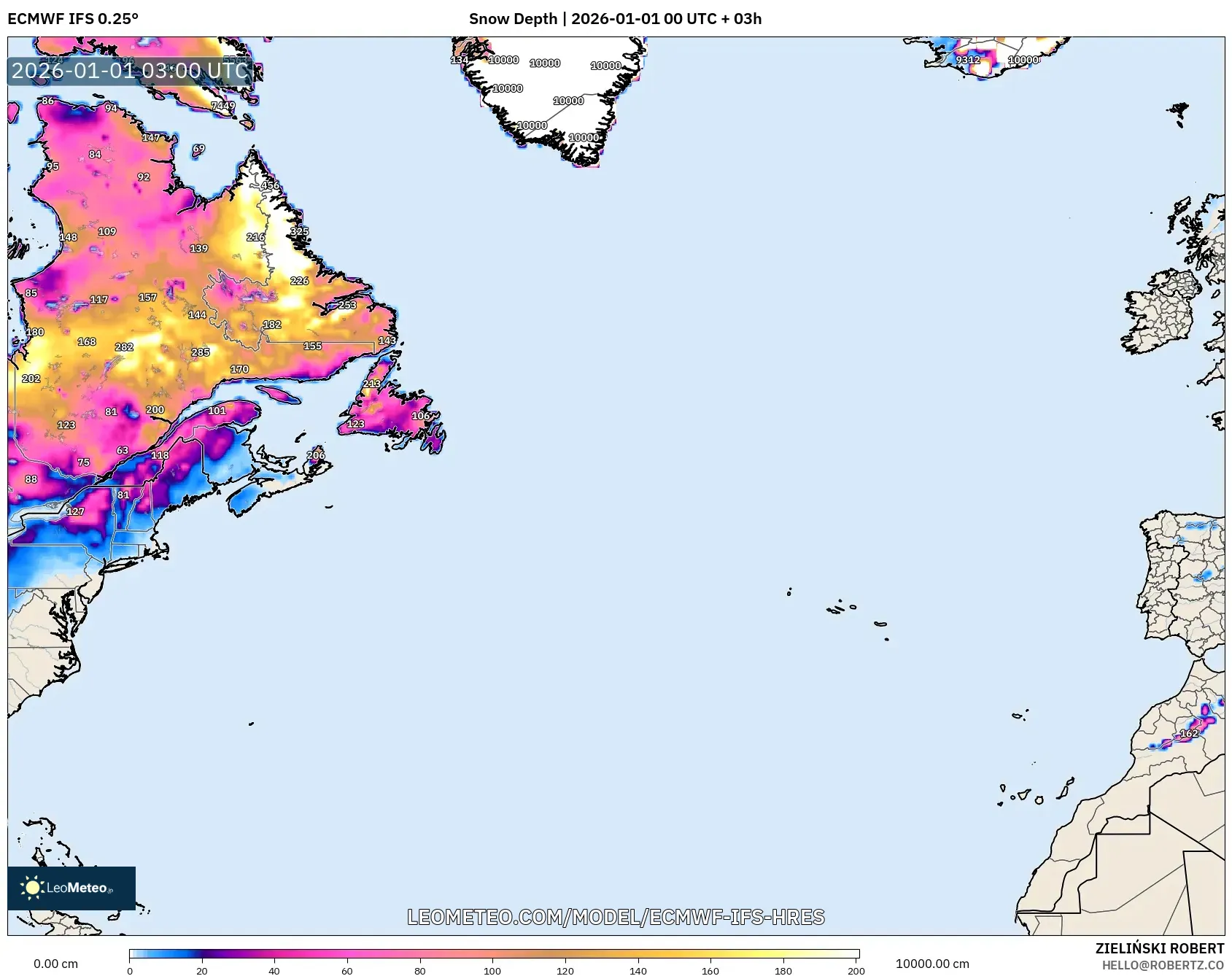 ECMWF IFS 0.25° model - North Atlantic, Snow Depth