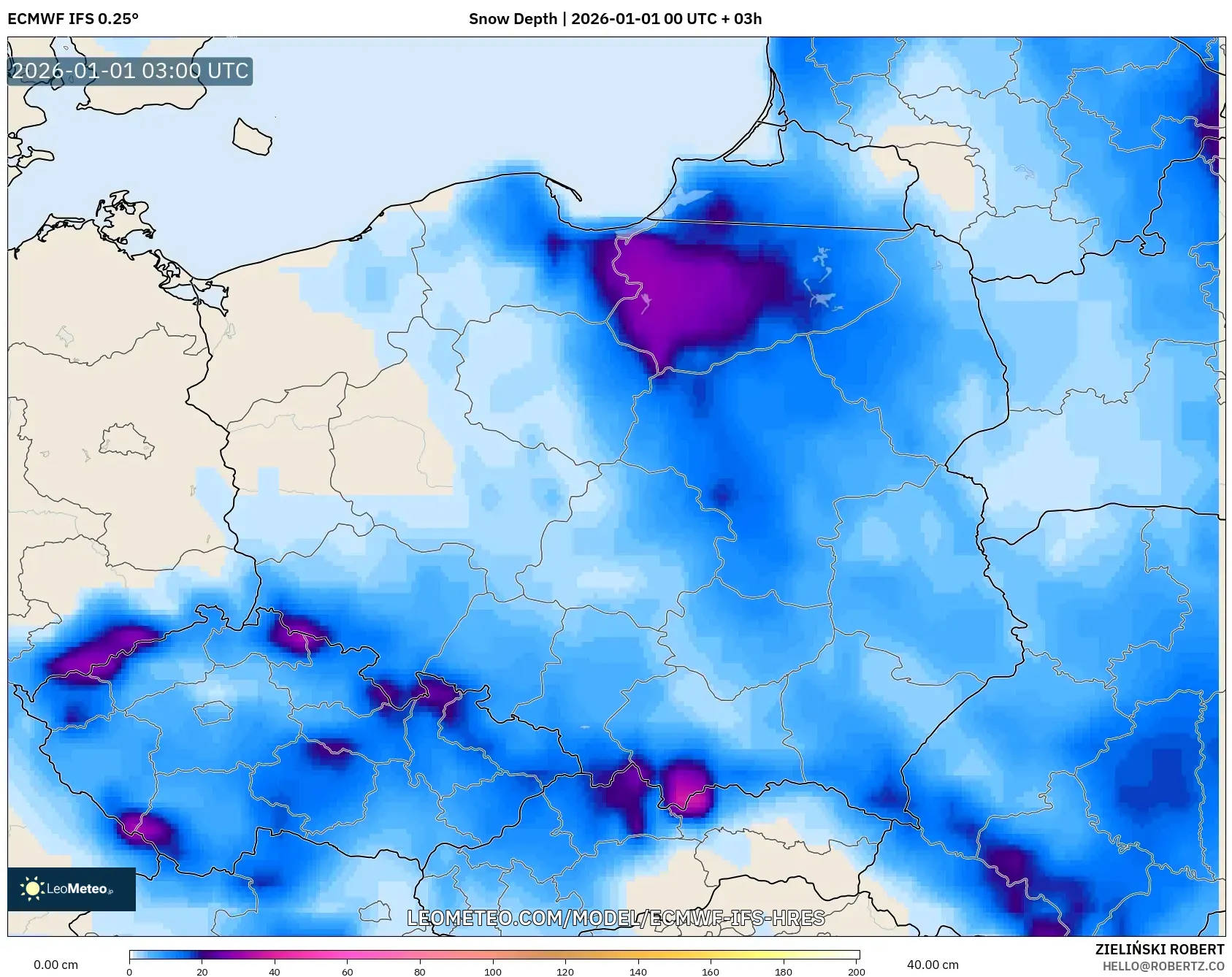 ECMWF IFS 0.25° model - Poland, Snow Depth
