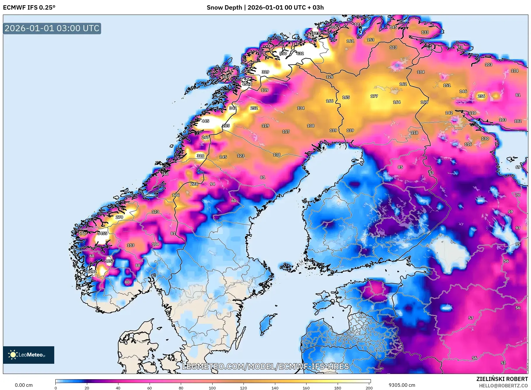 ECMWF IFS 0.25° model - Scandinavia, Snow Depth