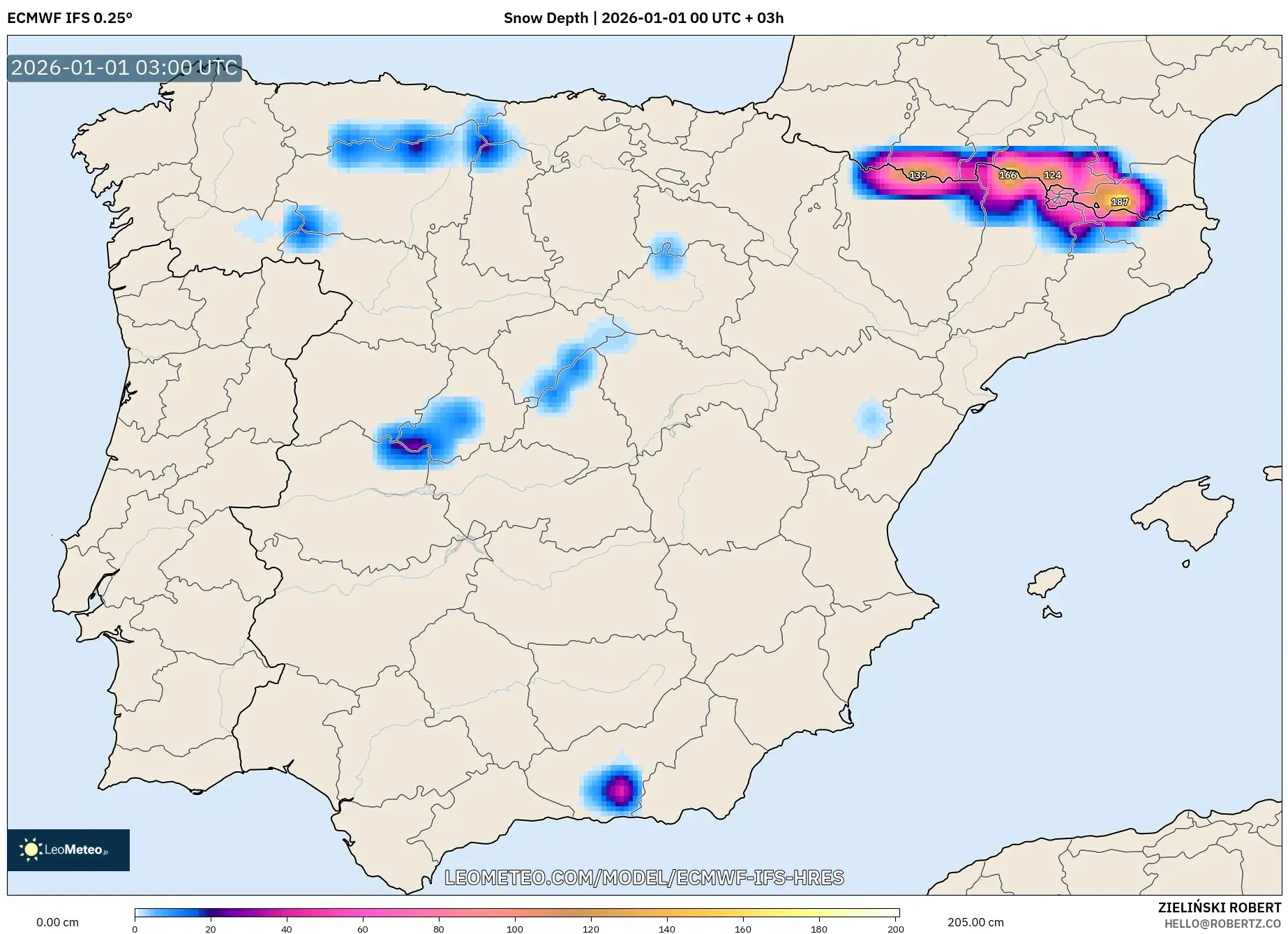 ECMWF IFS 0.25° model - Spain, Snow Depth