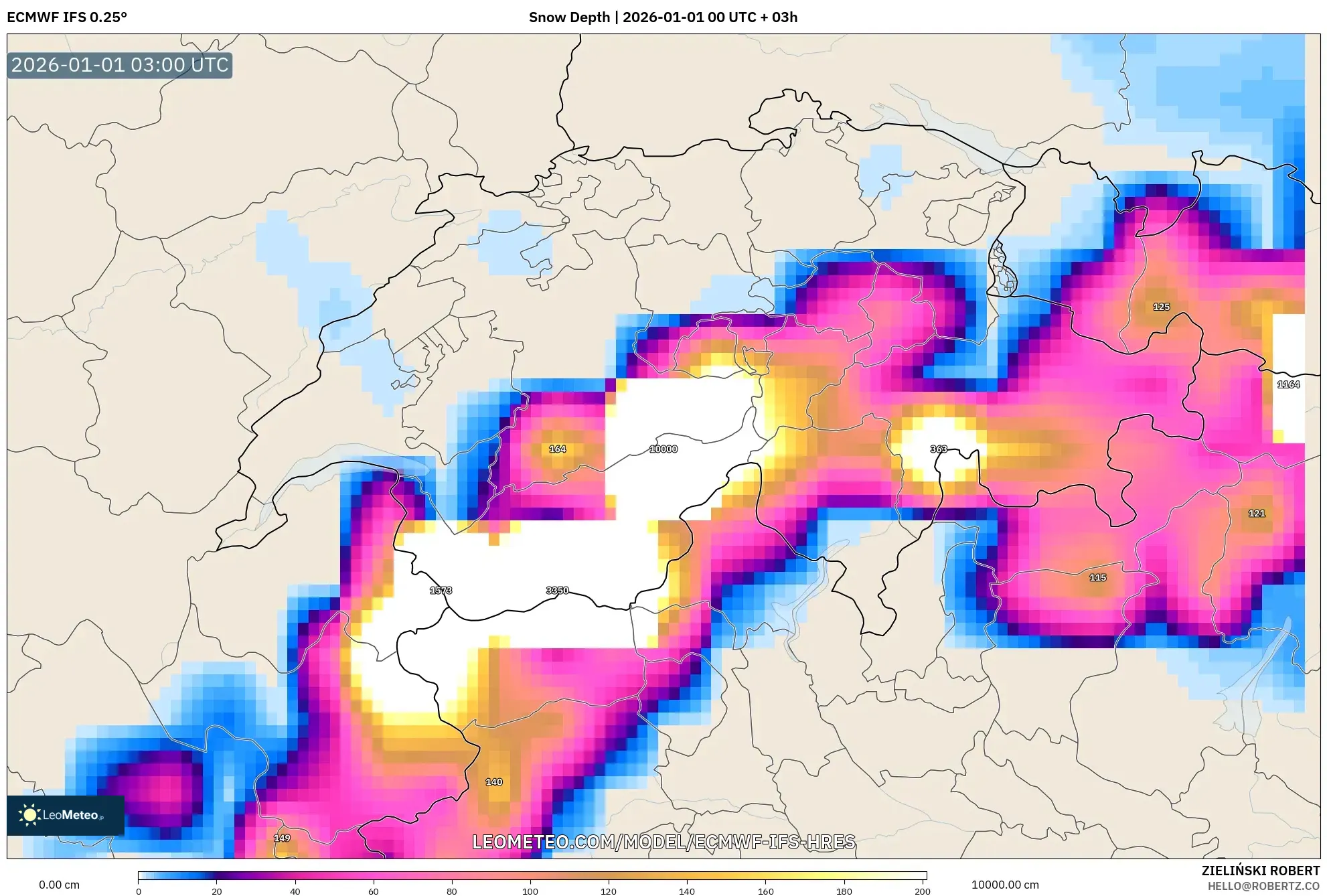 ECMWF IFS 0.25° model - Switzerland, Snow Depth