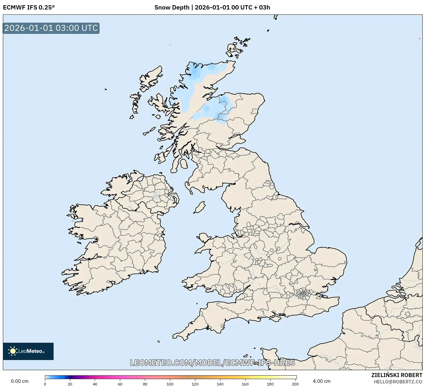 ECMWF IFS 0.25° model - United Kingdom, Snow Depth