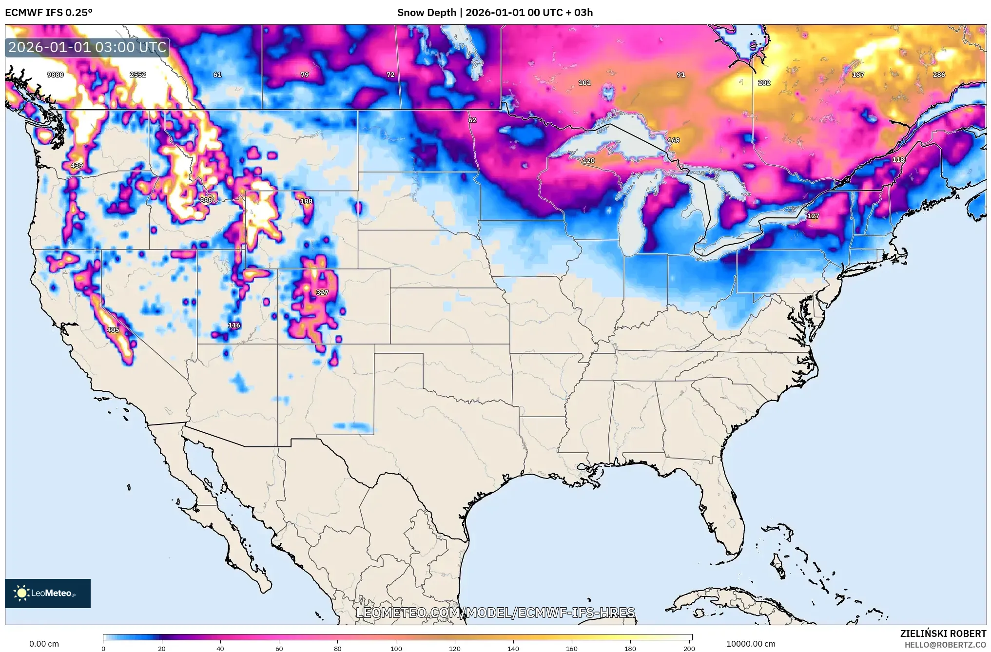 ECMWF IFS 0.25° model - United States, Snow Depth