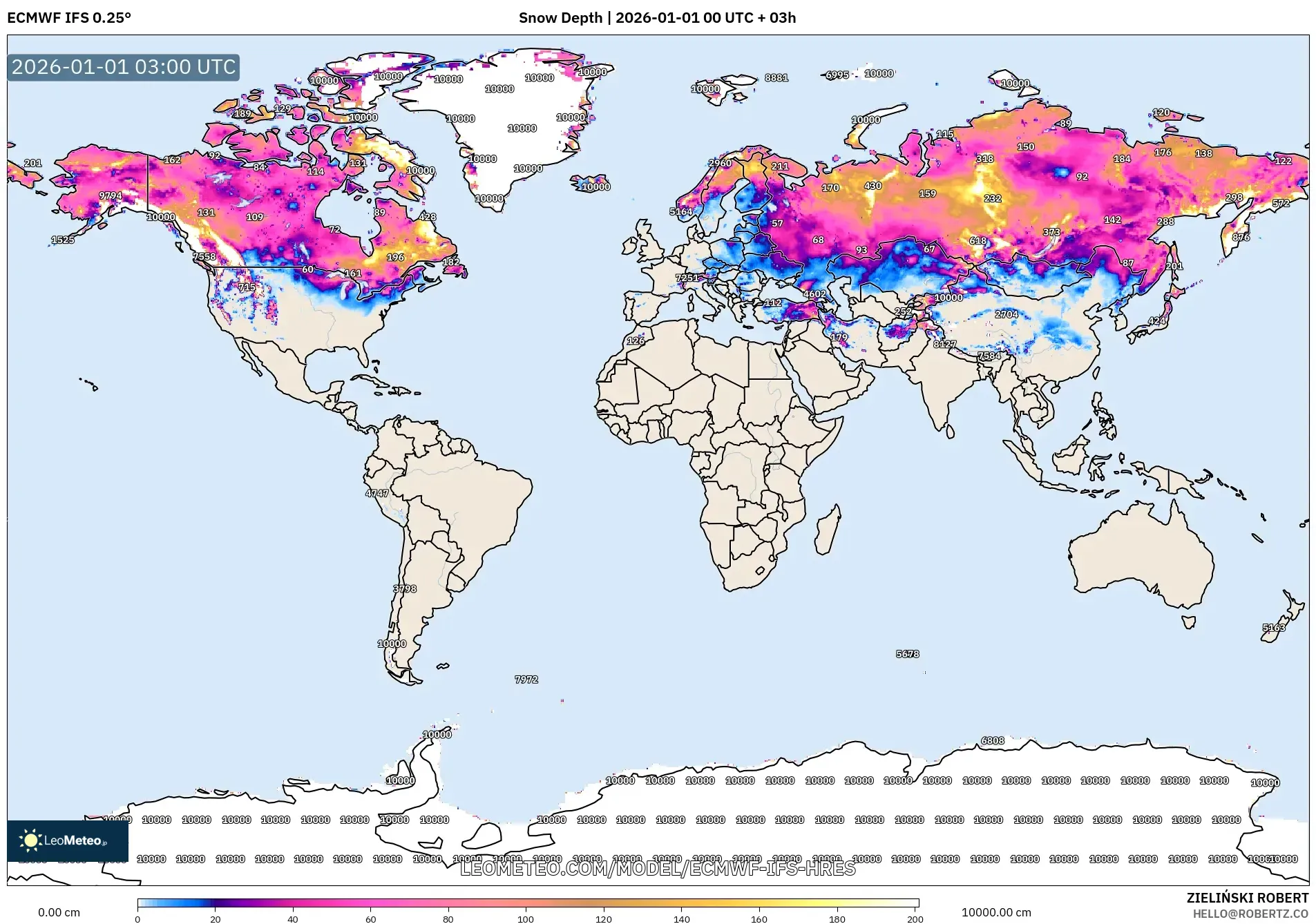 ECMWF IFS 0.25° model - World, Snow Depth