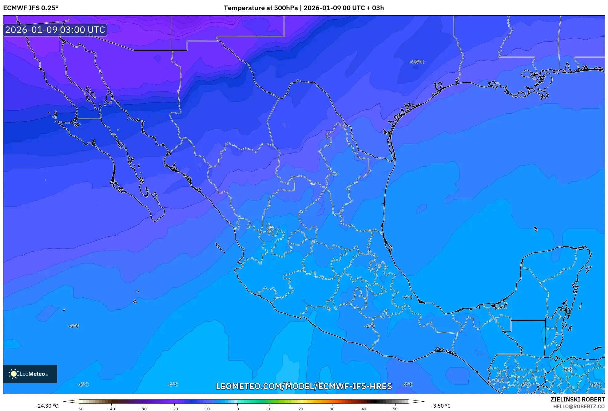 ECMWF IFS 0.25° model - Mexico, Temperature at 500hPa