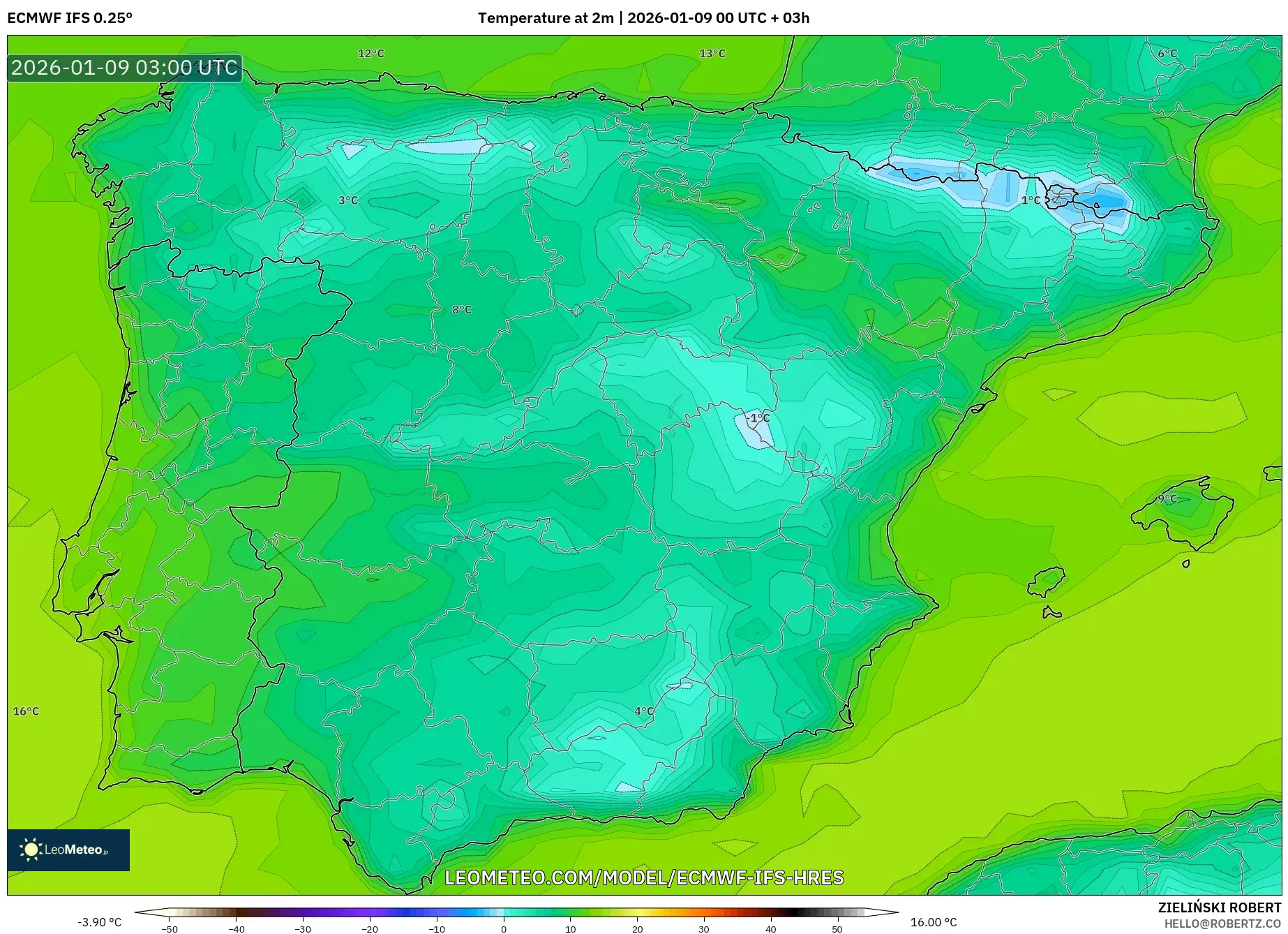 ECMWF IFS 0.25° model - Spain, Temperature at 2m