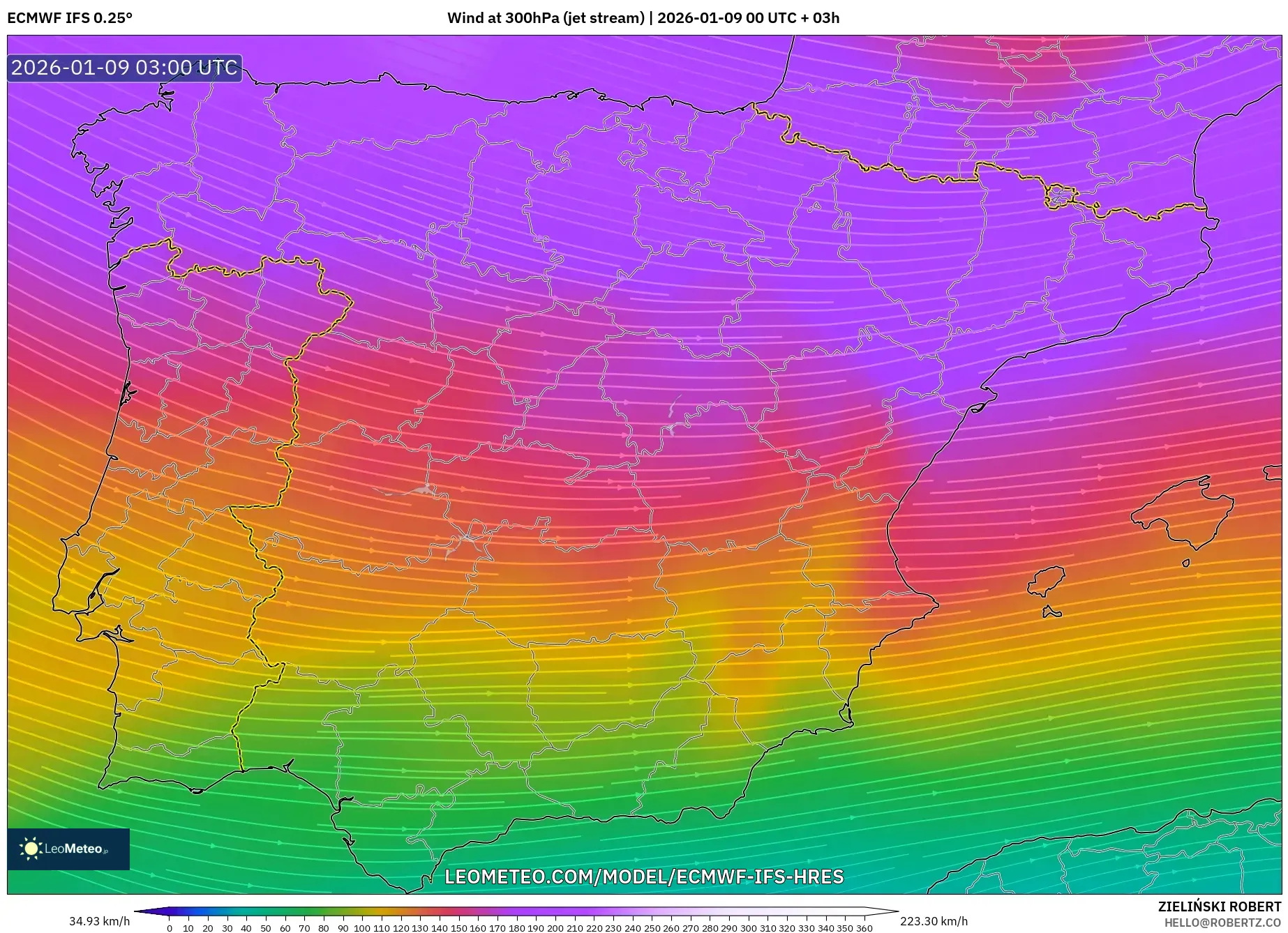ECMWF IFS 0.25° model - Spain, Wind at 300hPa (jet stream)