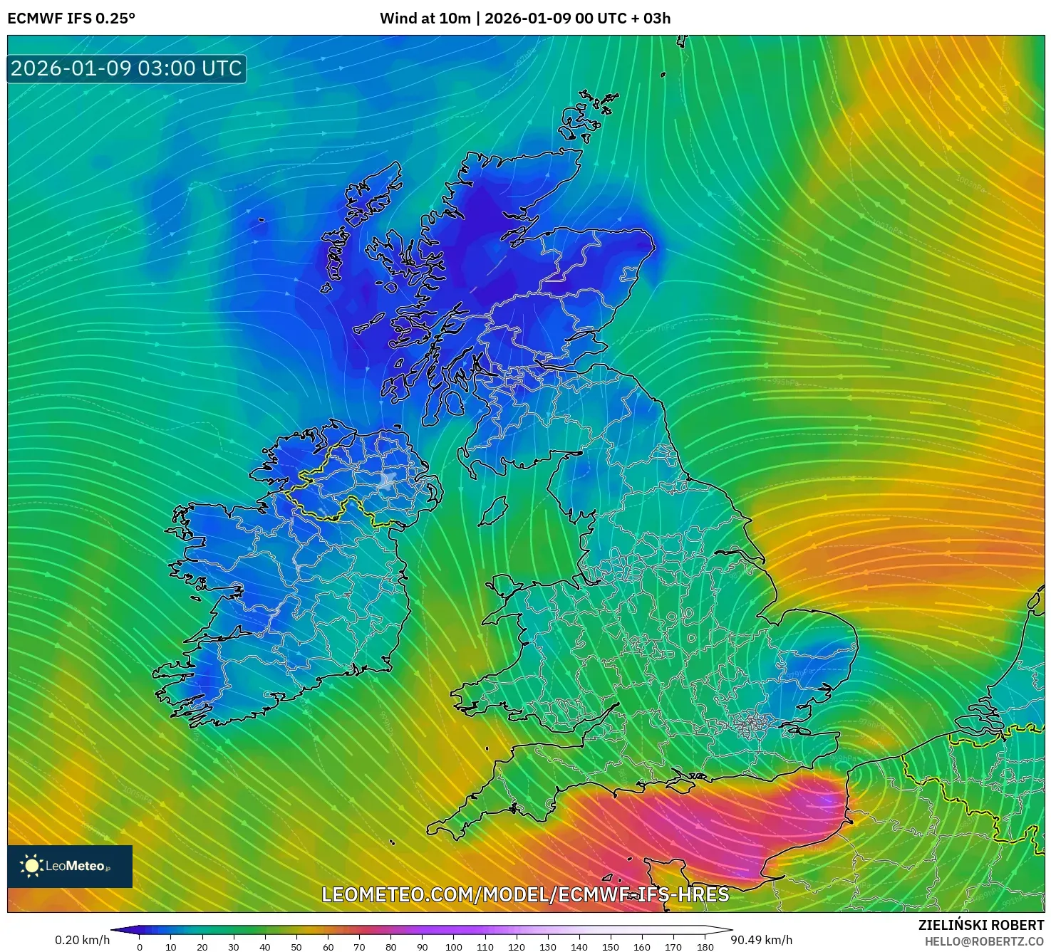 ECMWF IFS 0.25° model - United Kingdom, Wind at 10m