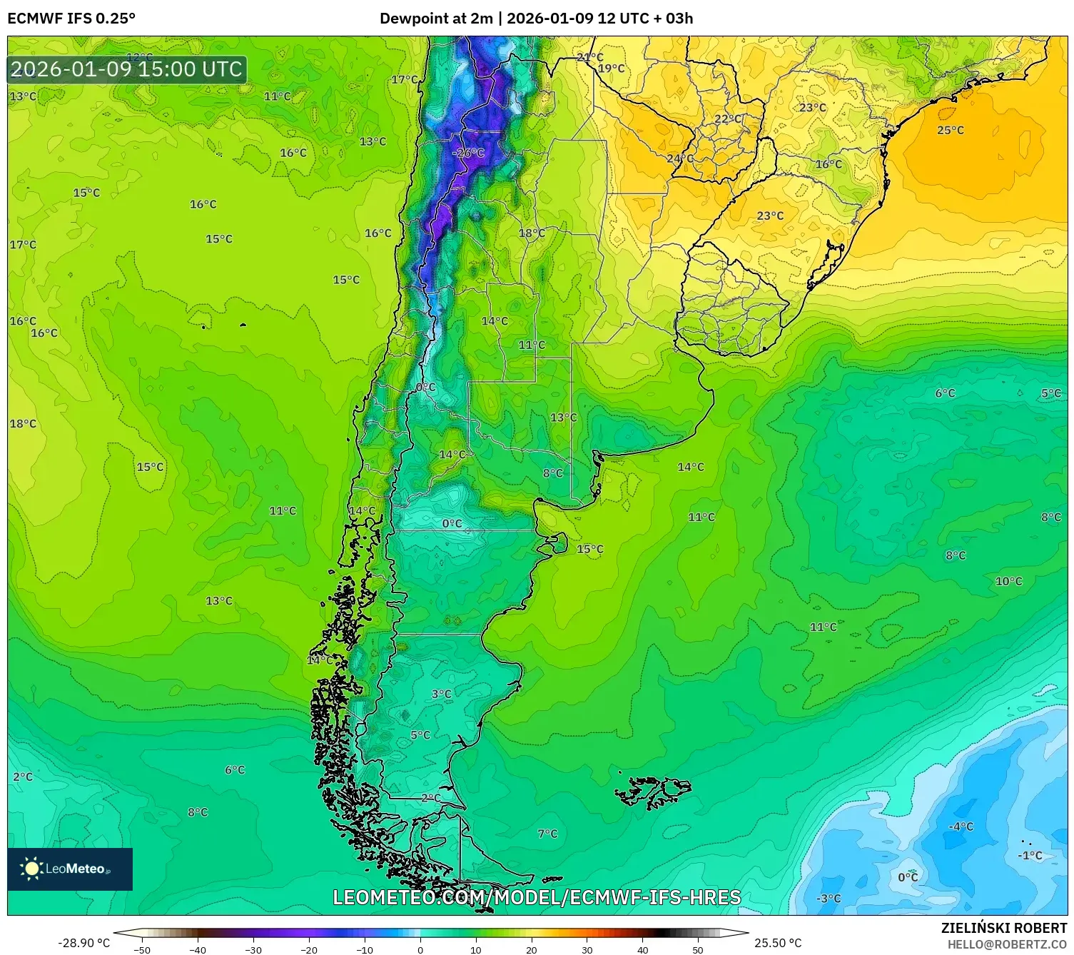 ECMWF IFS 0.25° model - Argentina, Dewpoint at 2m