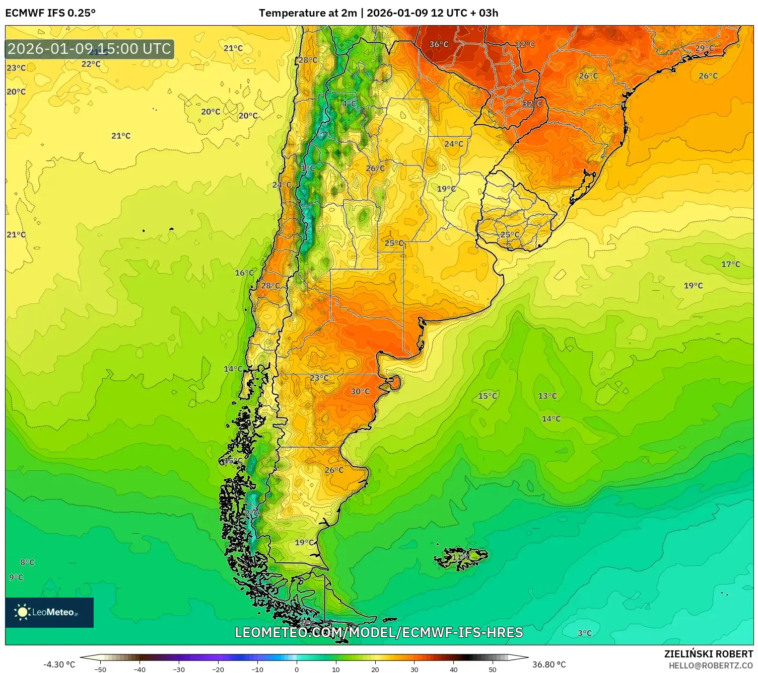 ECMWF IFS 0.25° model - Argentina, Temperature at 2m