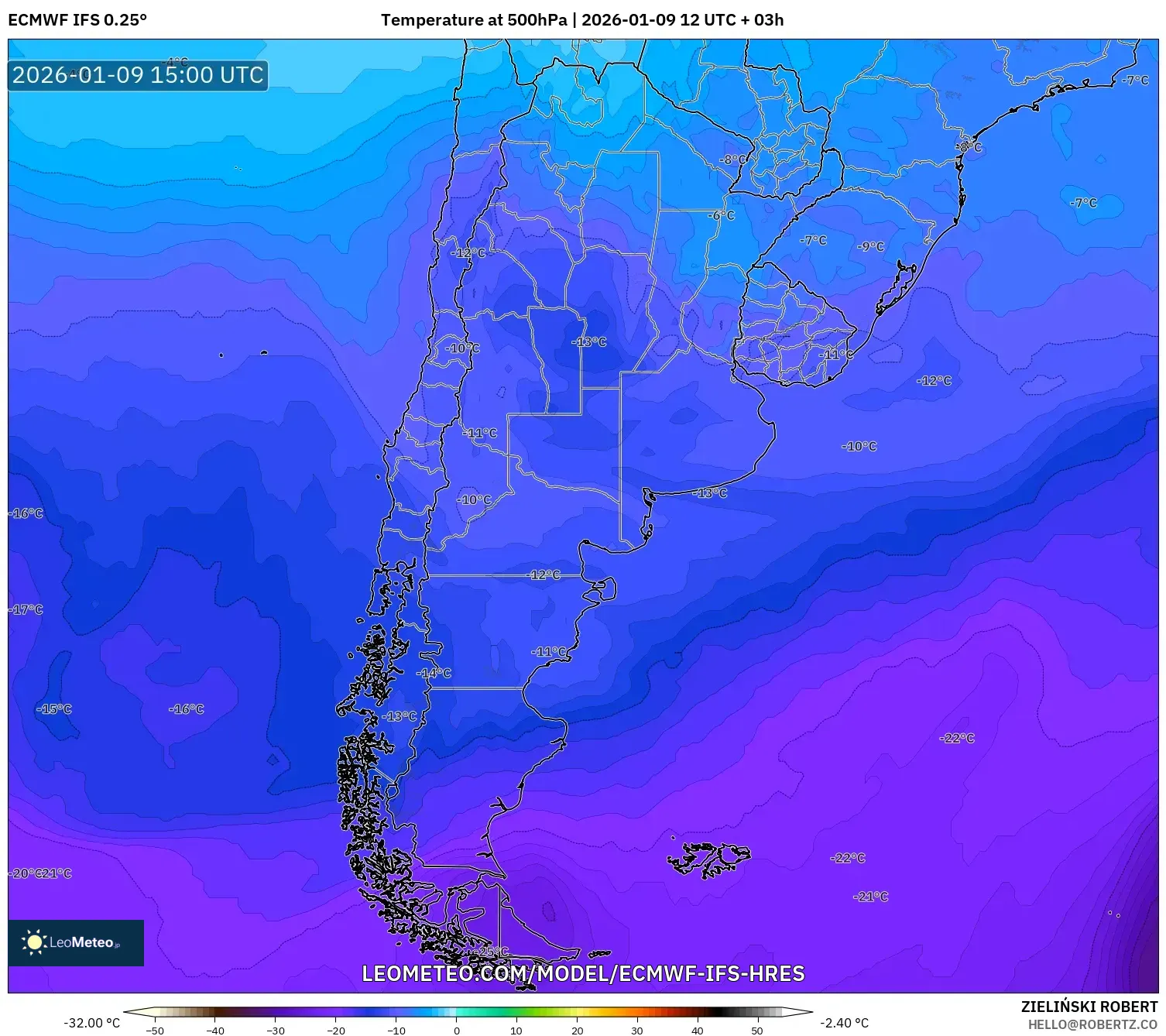 ECMWF IFS 0.25° model - Argentina, Temperature at 500hPa