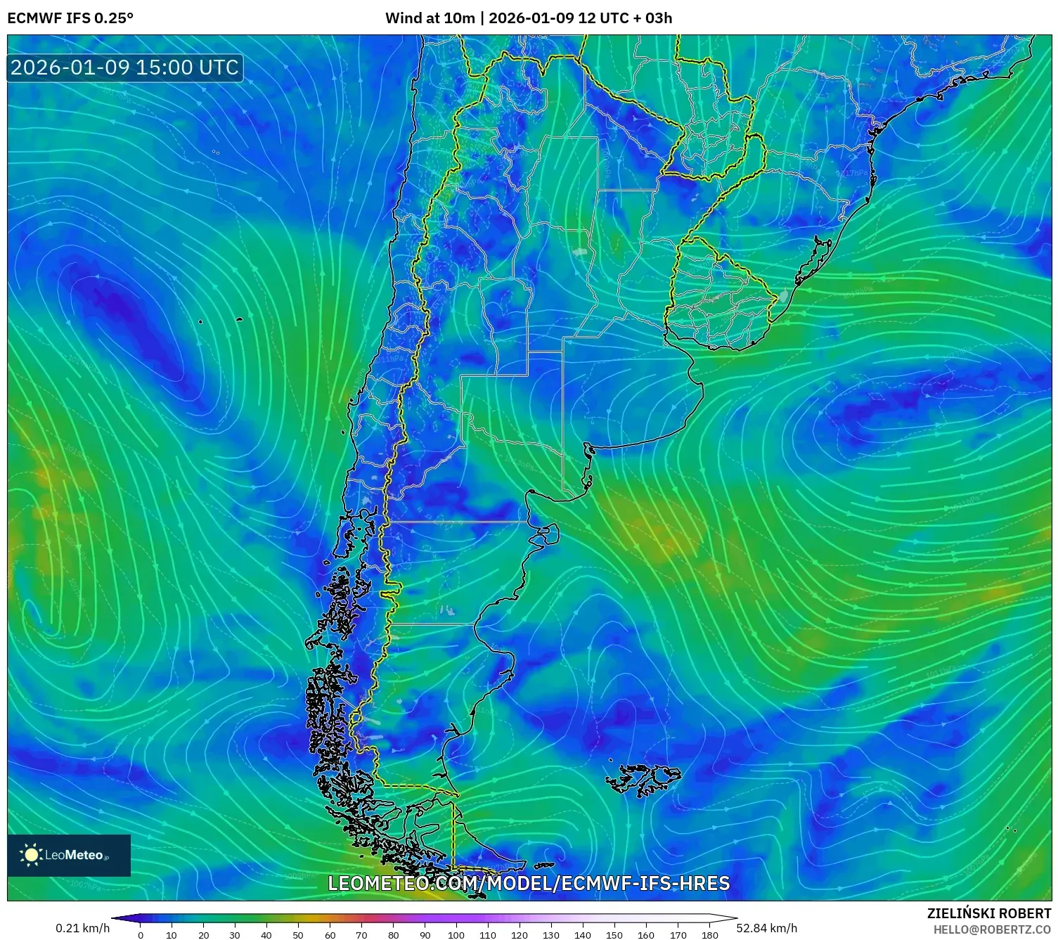 ECMWF IFS 0.25° model - Argentina, Wind at 10m
