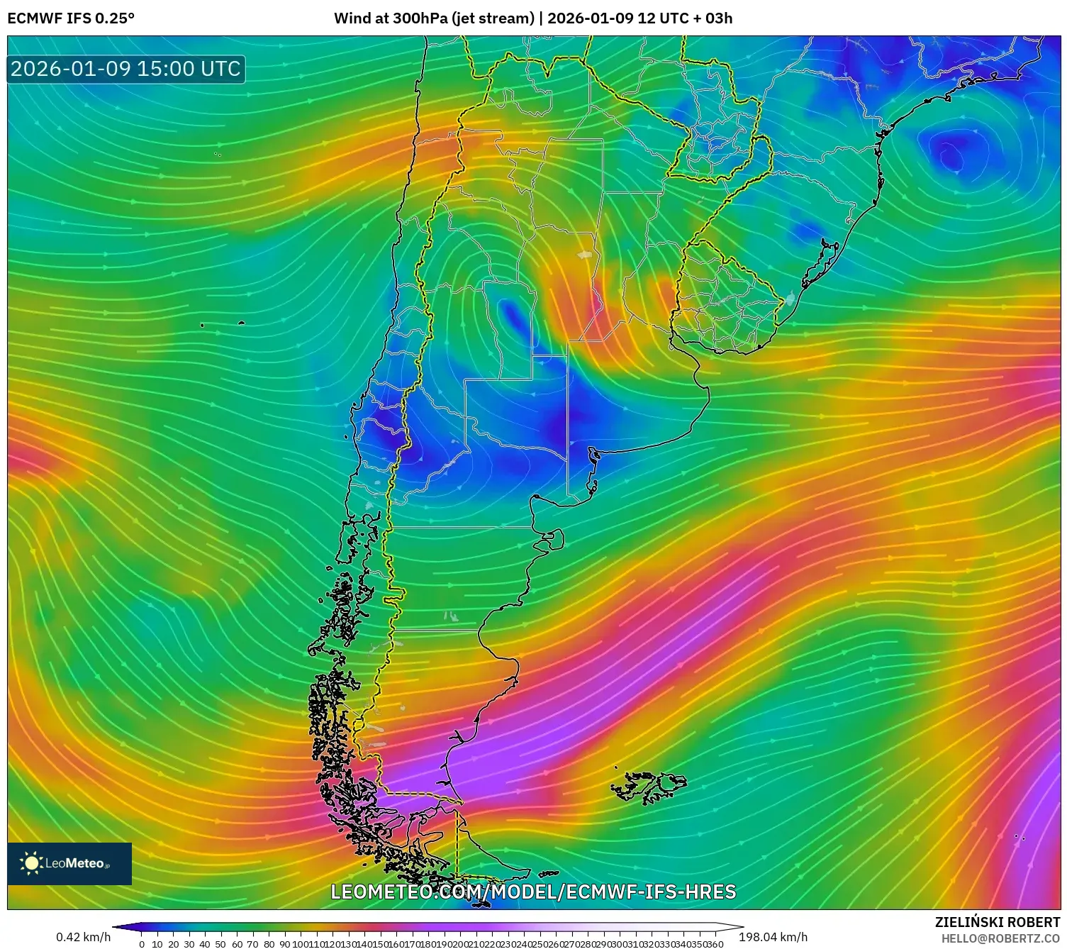 ECMWF IFS 0.25° model - Argentina, Wind at 300hPa (jet stream)