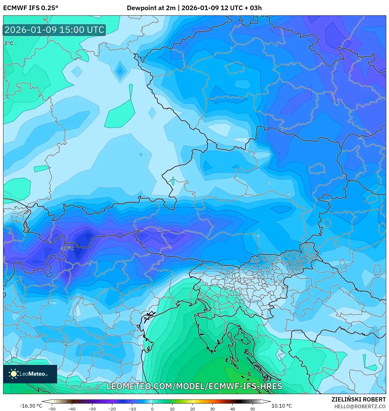 ECMWF IFS 0.25° model - Austria, Dewpoint at 2m