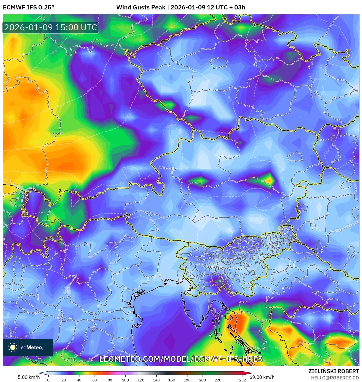 ECMWF IFS 0.25° model - Austria, Wind Gusts Peak