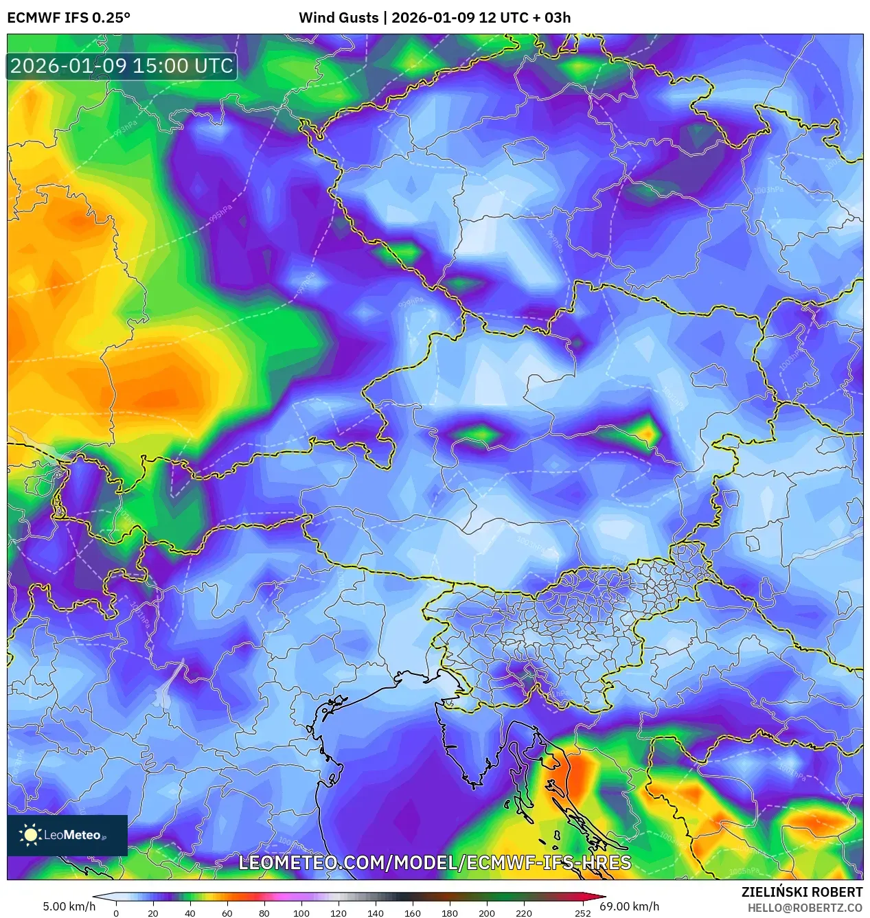 ECMWF IFS 0.25° model - Austria, Wind Gusts