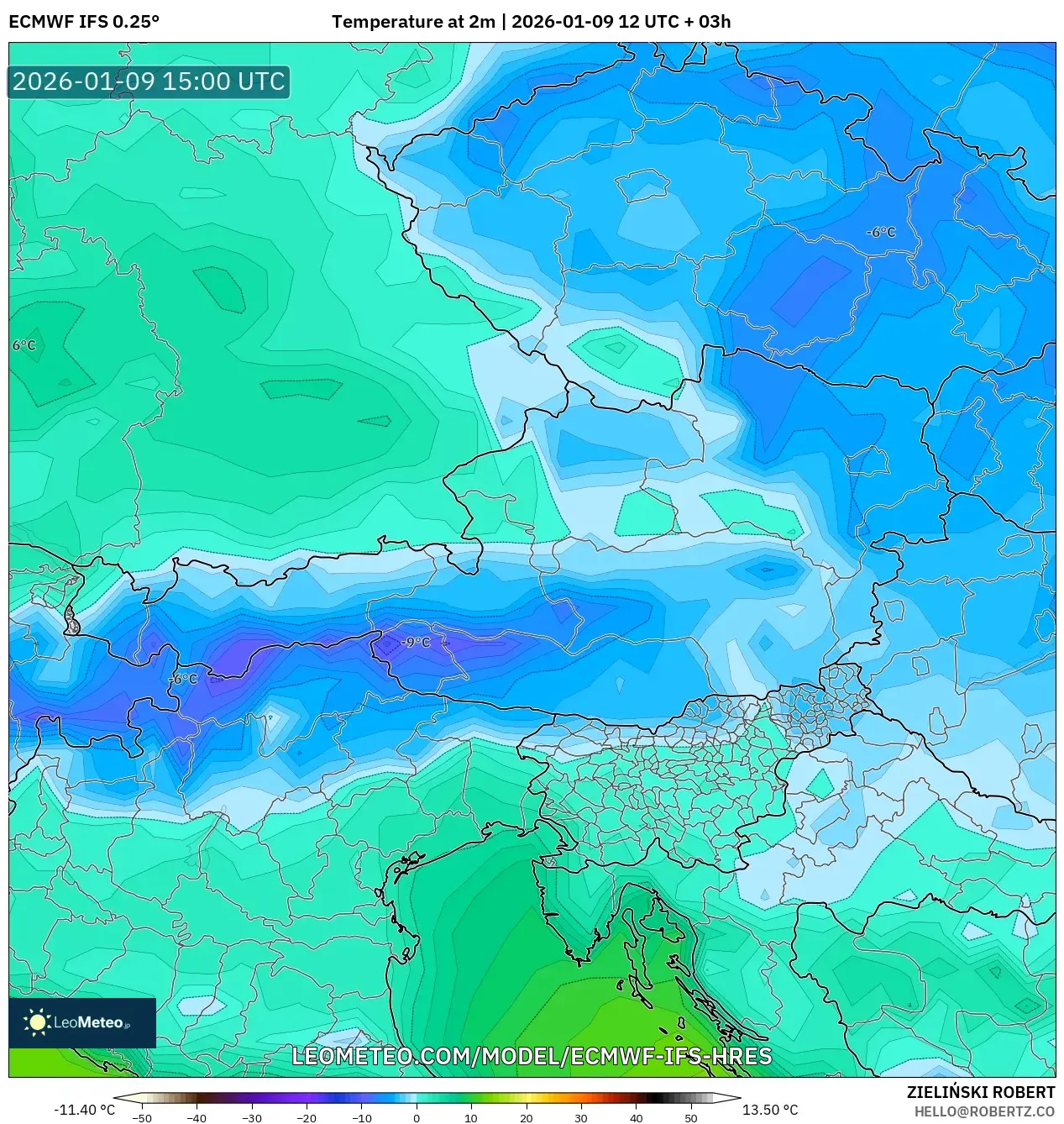 ECMWF IFS 0.25° model - Austria, Temperature at 2m