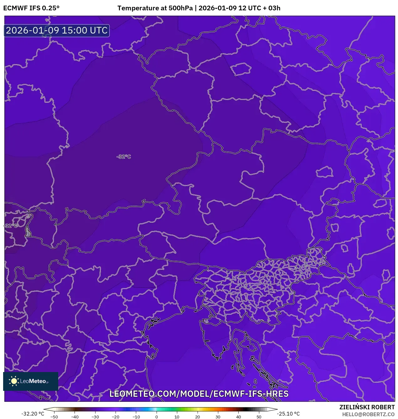 ECMWF IFS 0.25° model - Austria, Temperature at 500hPa