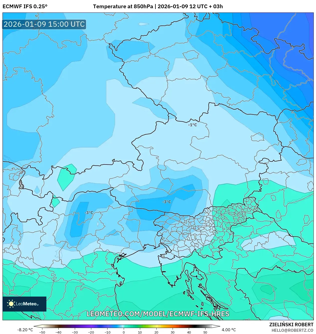 ECMWF IFS 0.25° model - Austria, Temperature at 850hPa