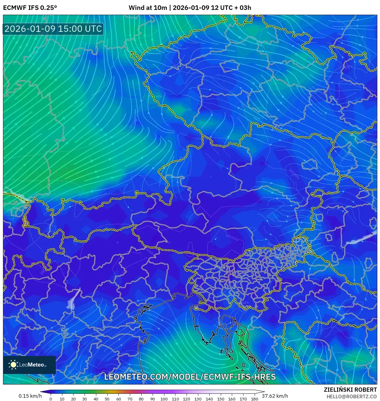 ECMWF IFS 0.25° model - Austria, Wind at 10m