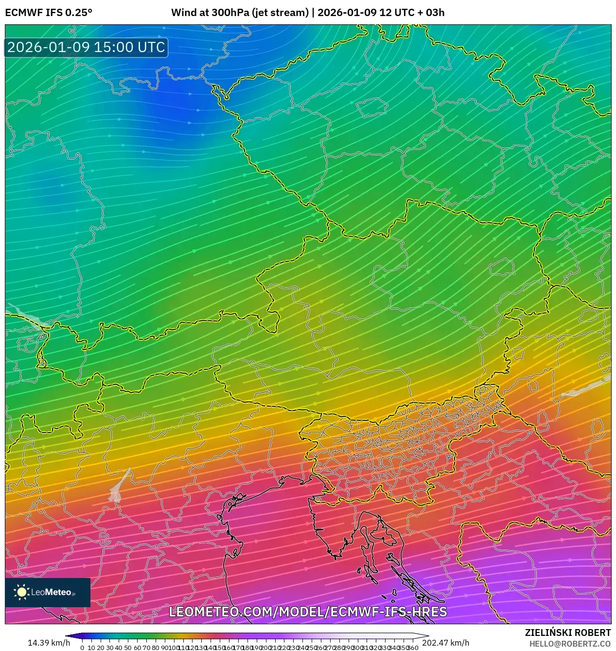 ECMWF IFS 0.25° model - Austria, Wind at 300hPa (jet stream)