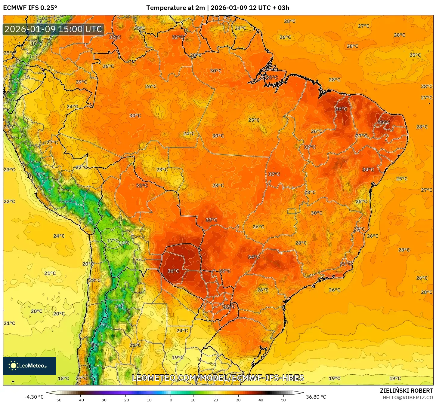 ECMWF IFS 0.25° model - Brazil, Temperature at 2m