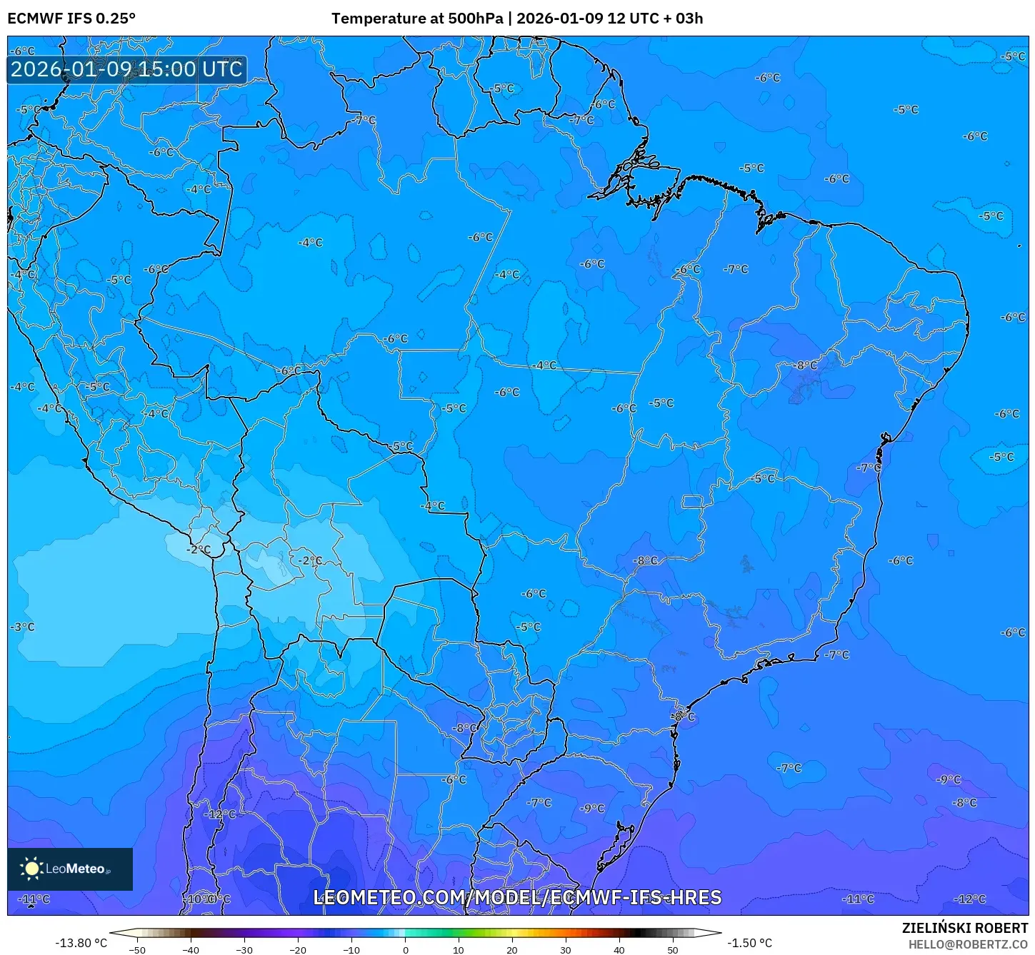 ECMWF IFS 0.25° model - Brazil, Temperature at 500hPa