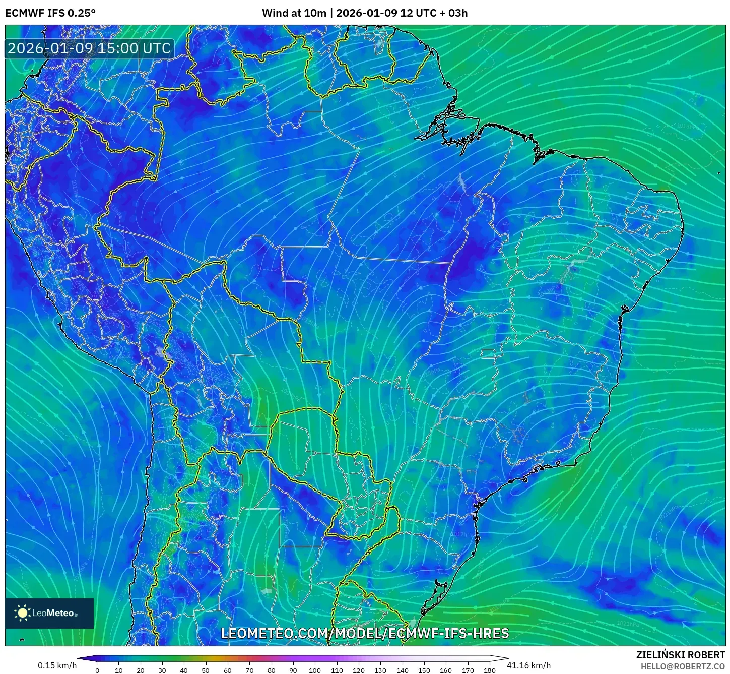 ECMWF IFS 0.25° model - Brazil, Wind at 10m