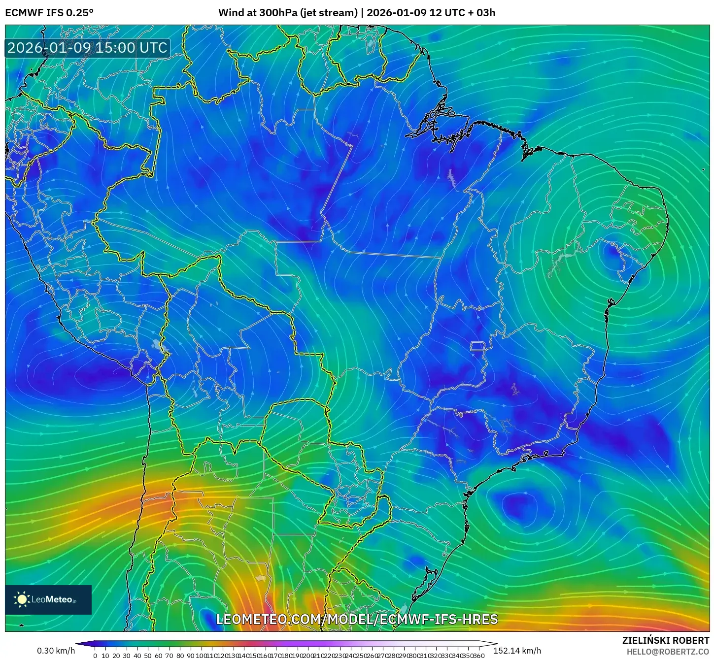 ECMWF IFS 0.25° model - Brazil, Wind at 300hPa (jet stream)