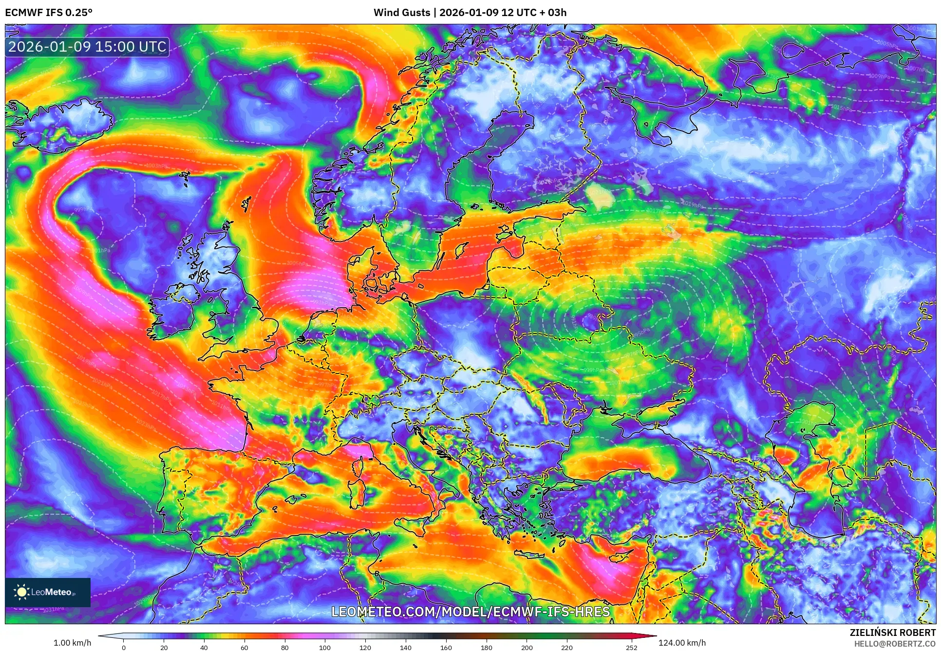 ECMWF IFS 0.25° model - Europe, Wind Gusts