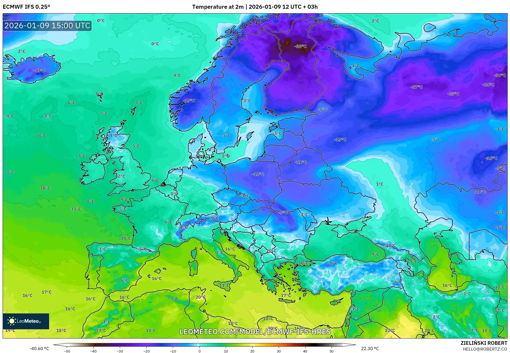 ECMWF IFS 0.25° model - Europe, Temperature at 2m