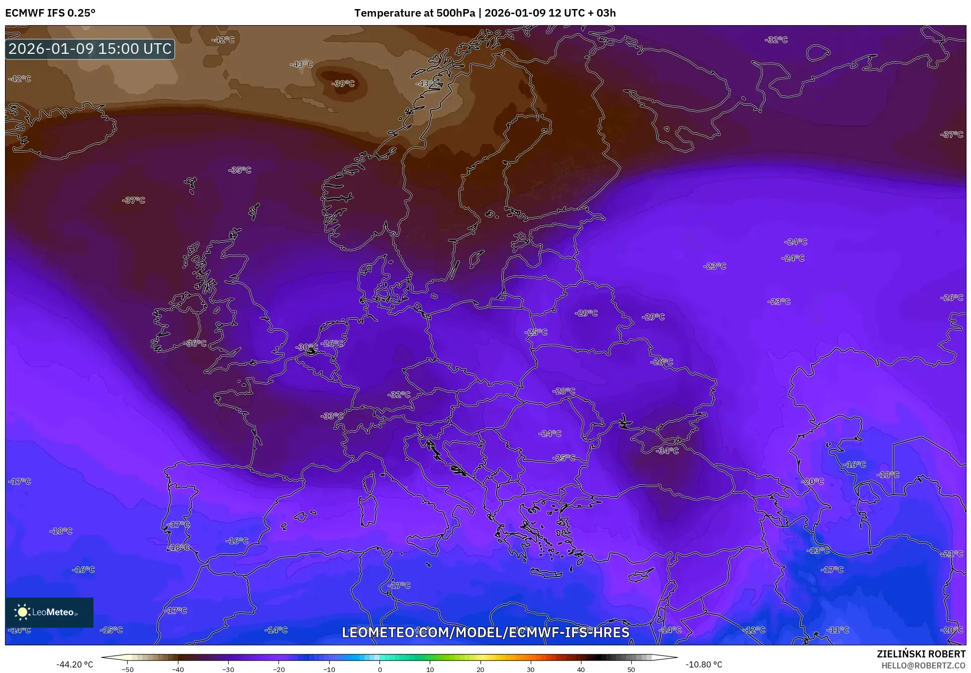 ECMWF IFS 0.25° model - Europe, Temperature at 500hPa