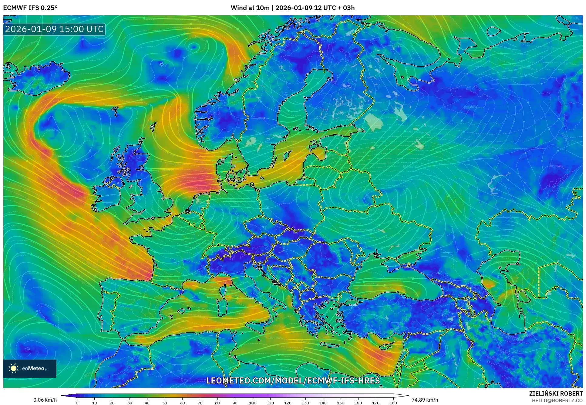 ECMWF IFS 0.25° model - Europe, Wind at 10m