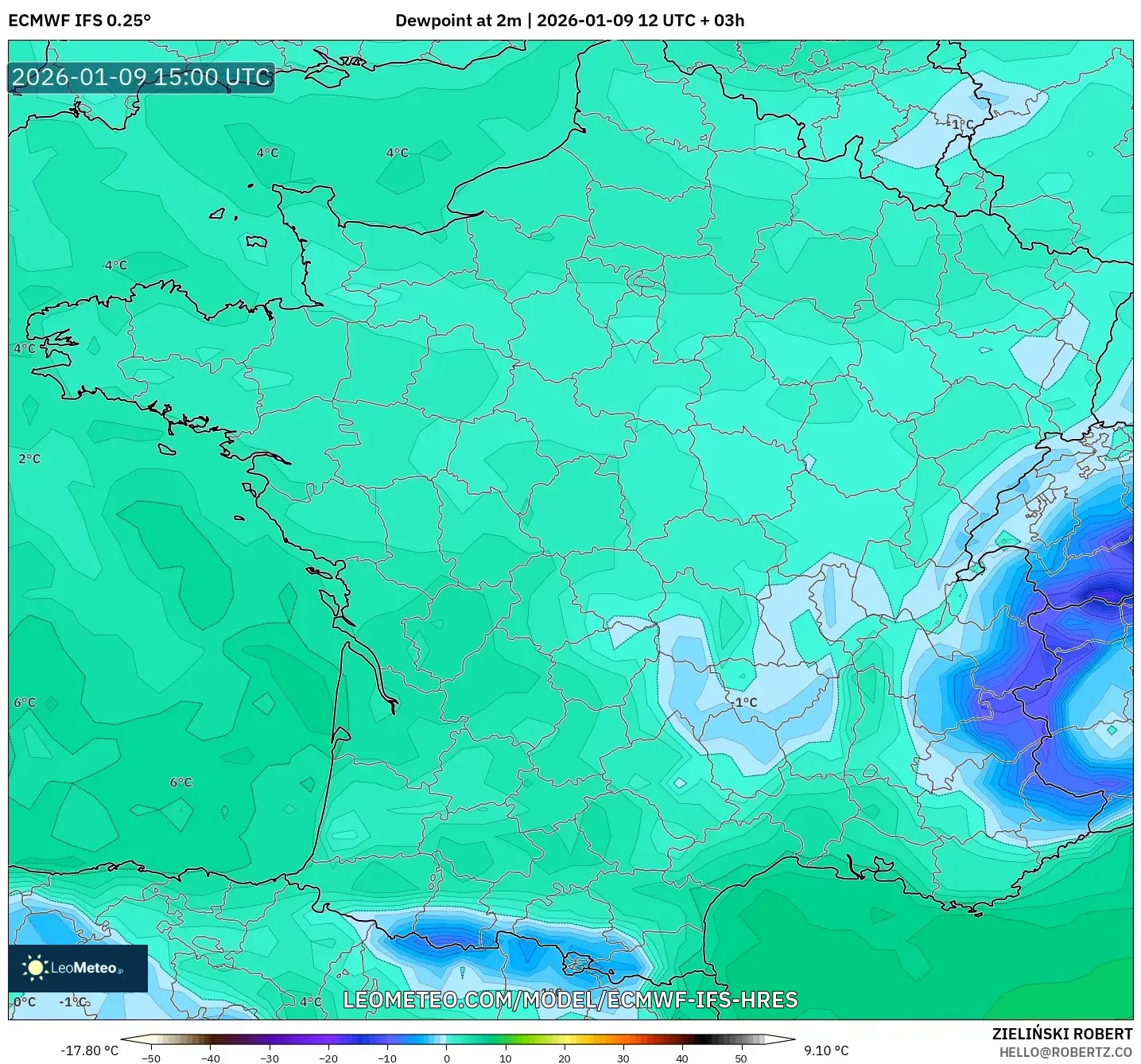 ECMWF IFS 0.25° model - France, Dewpoint at 2m