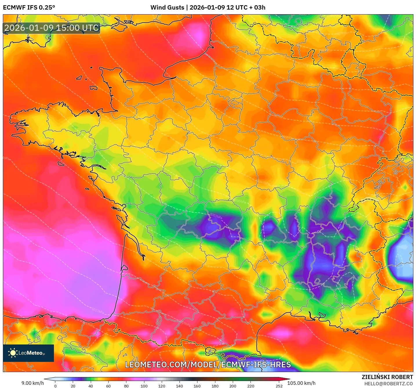 ECMWF IFS 0.25° model - France, Wind Gusts