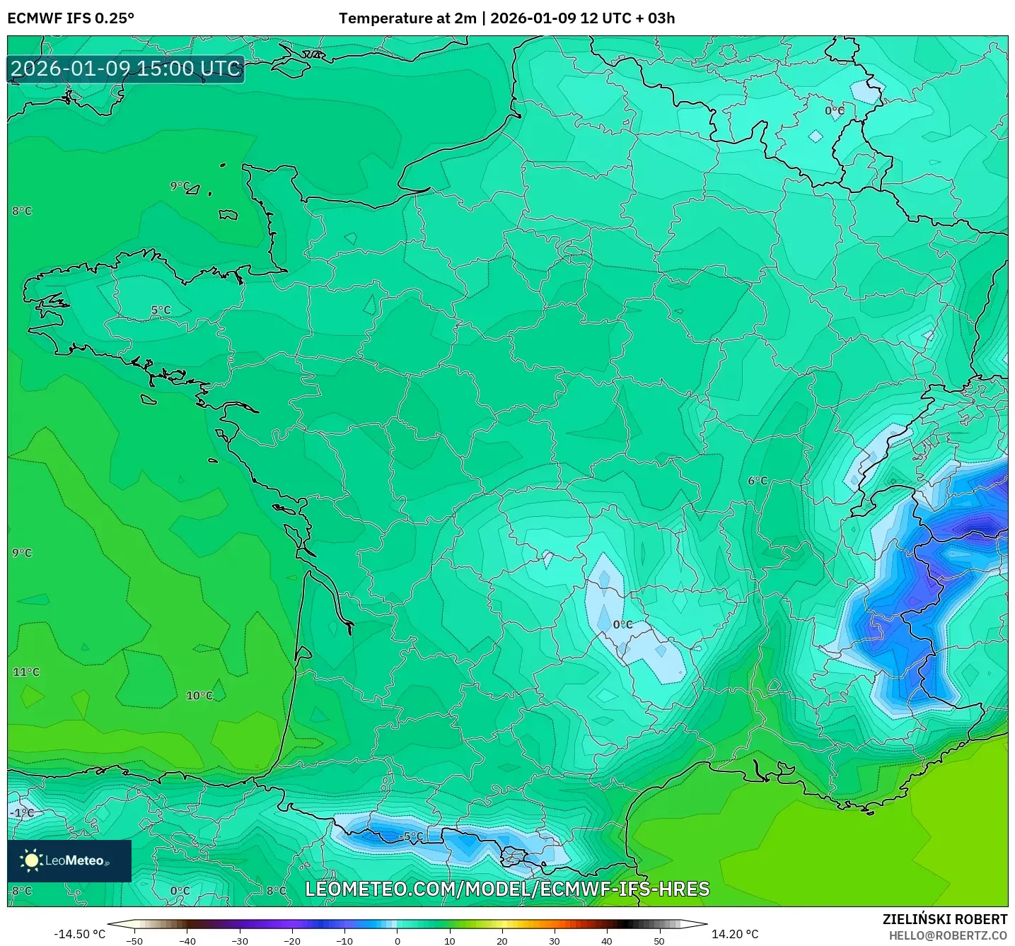 ECMWF IFS 0.25° model - France, Temperature at 2m