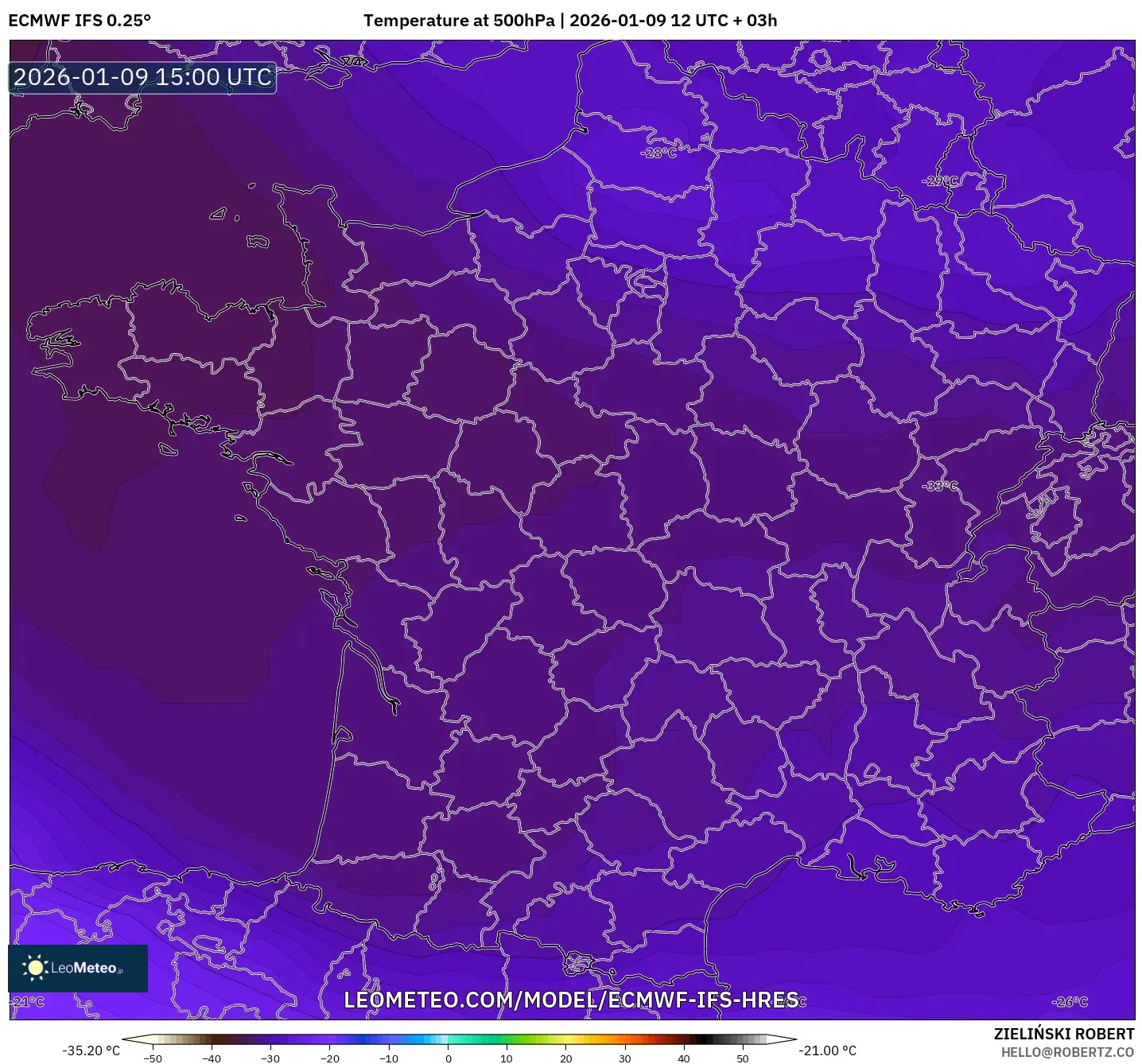 ECMWF IFS 0.25° model - France, Temperature at 500hPa