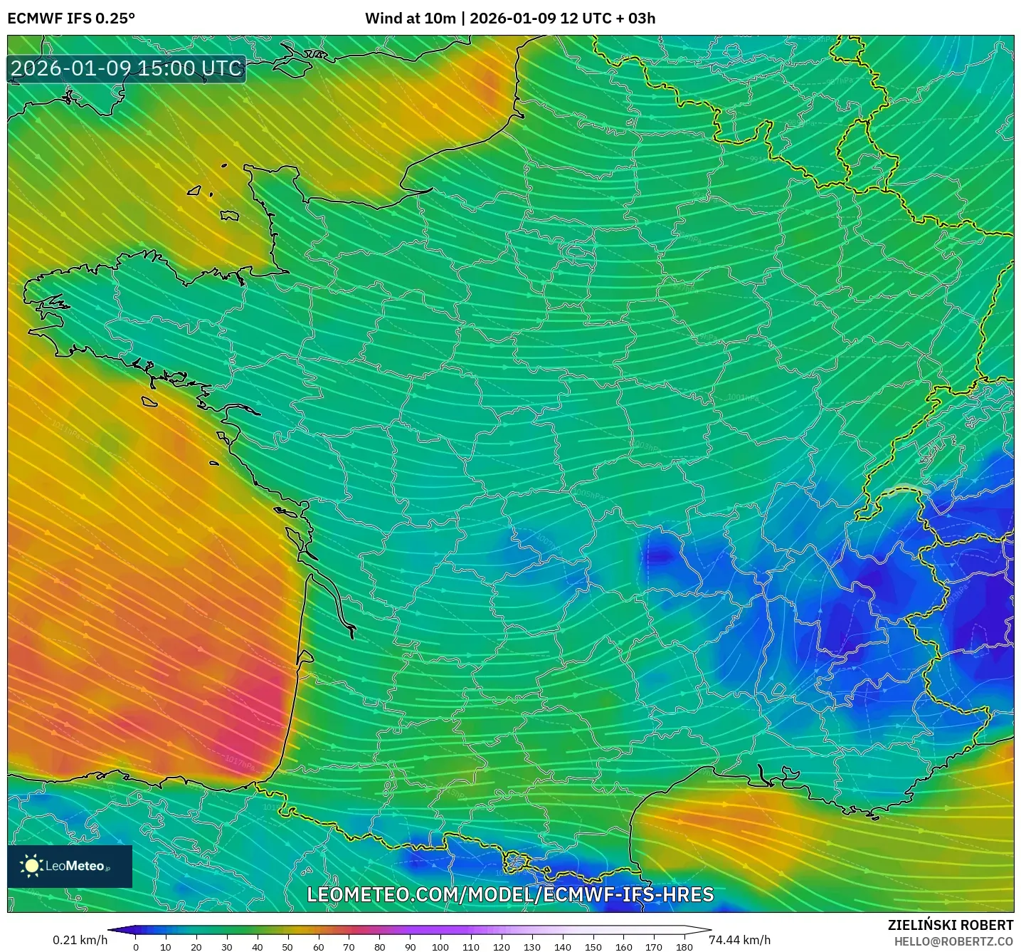 ECMWF IFS 0.25° model - France, Wind at 10m