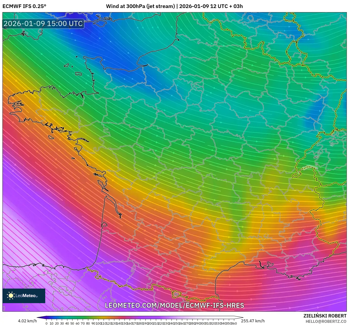 ECMWF IFS 0.25° model - France, Wind at 300hPa (jet stream)