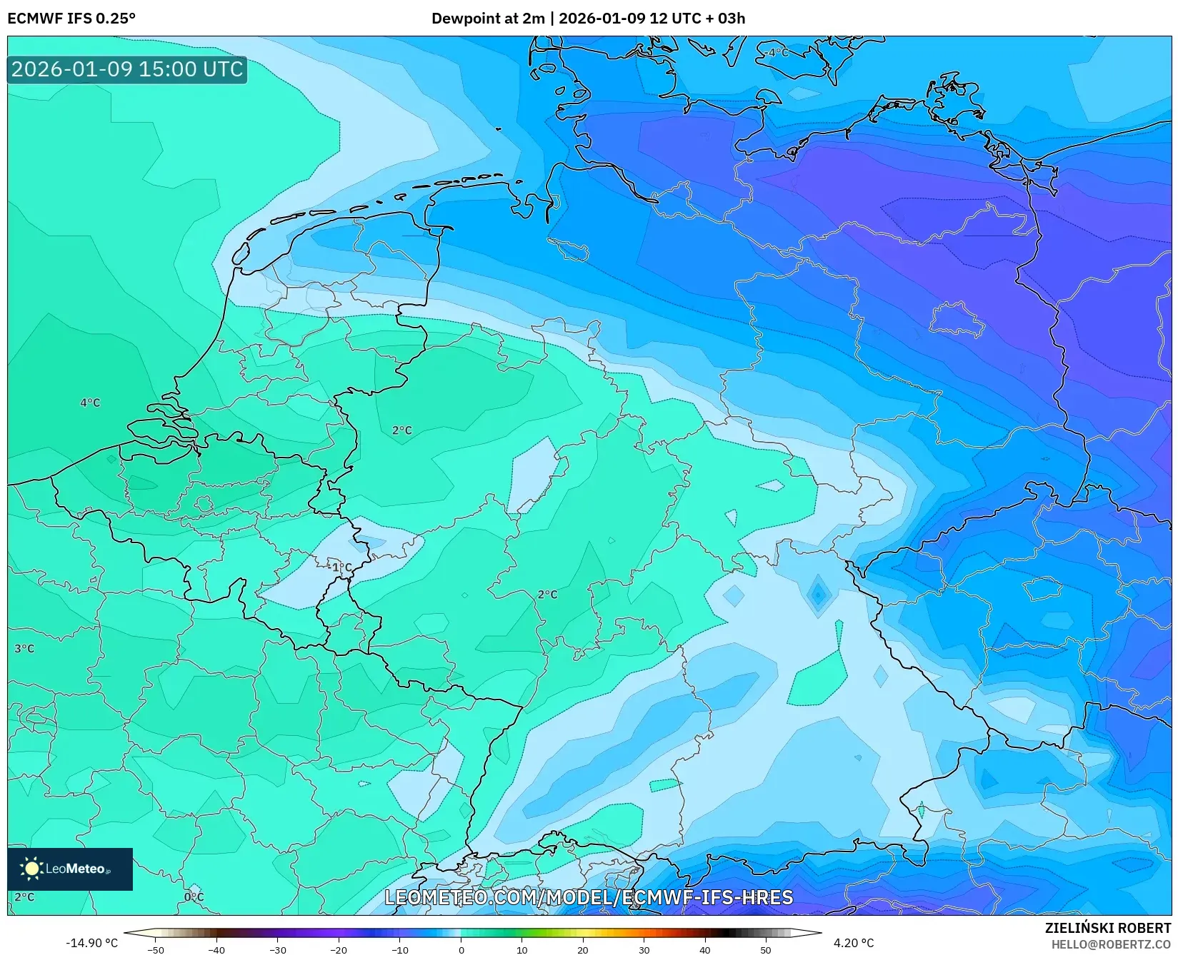 ECMWF IFS 0.25° model - Germany, Dewpoint at 2m