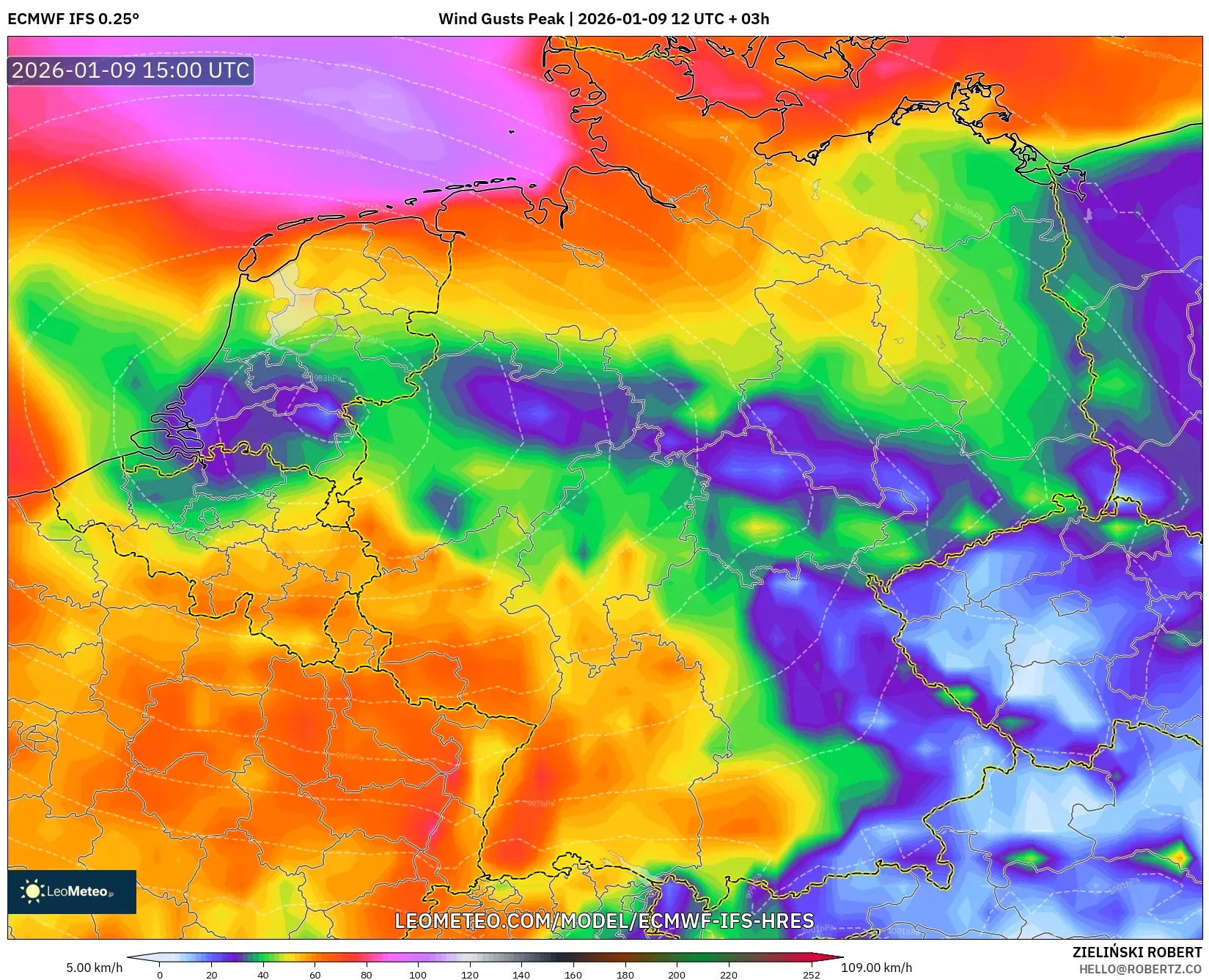ECMWF IFS 0.25° model - Germany, Wind Gusts Peak