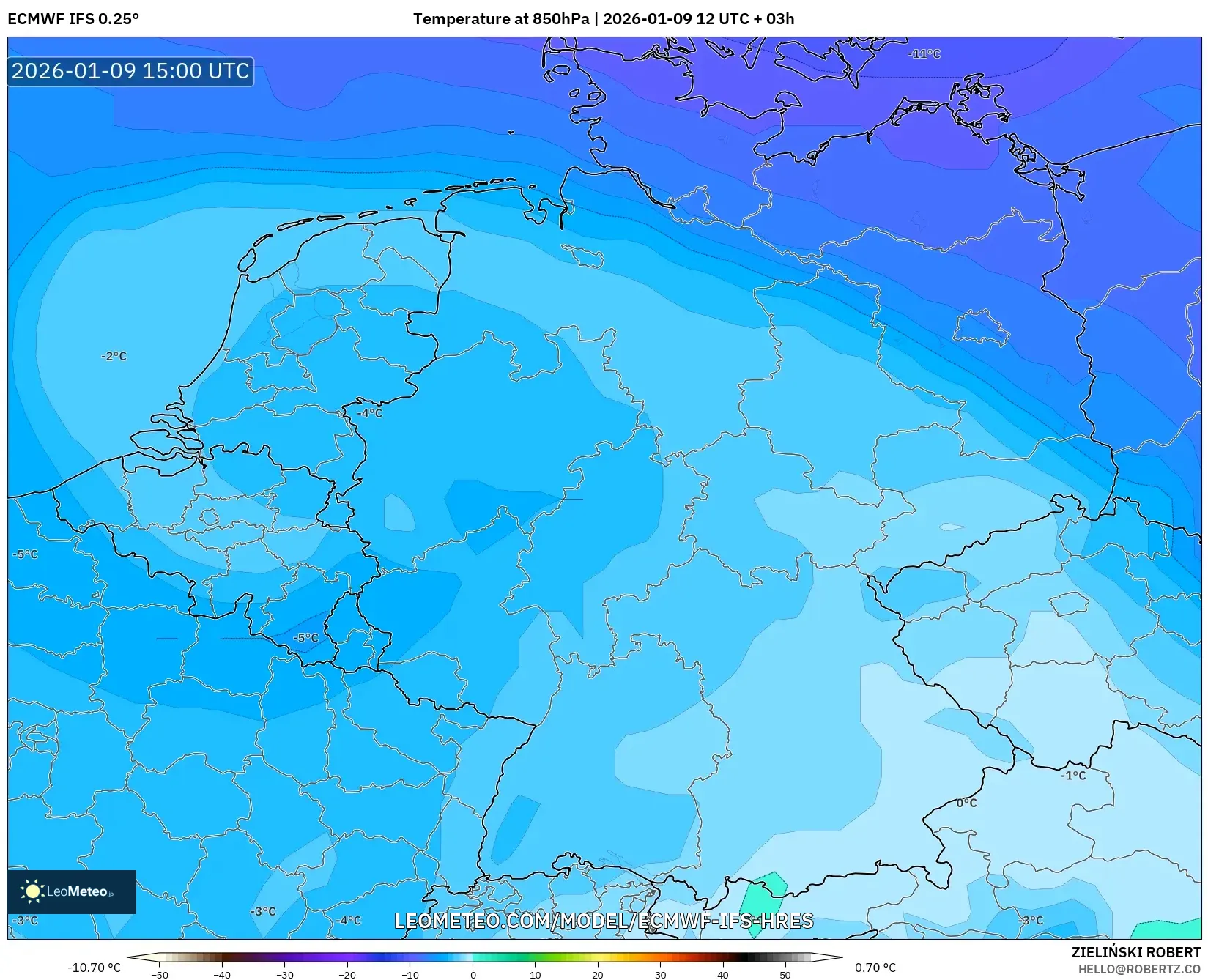 ECMWF IFS 0.25° model - Germany, Temperature at 850hPa