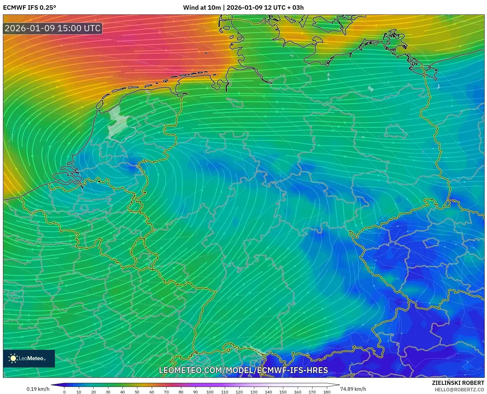 ECMWF IFS 0.25° model - Germany, Wind at 10m