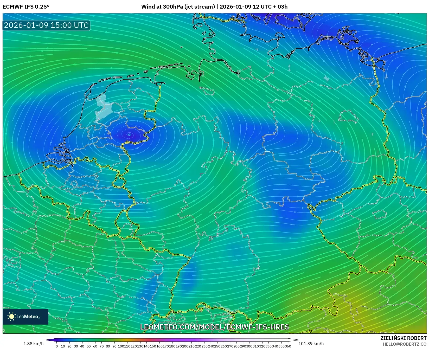 ECMWF IFS 0.25° model - Germany, Wind at 300hPa (jet stream)